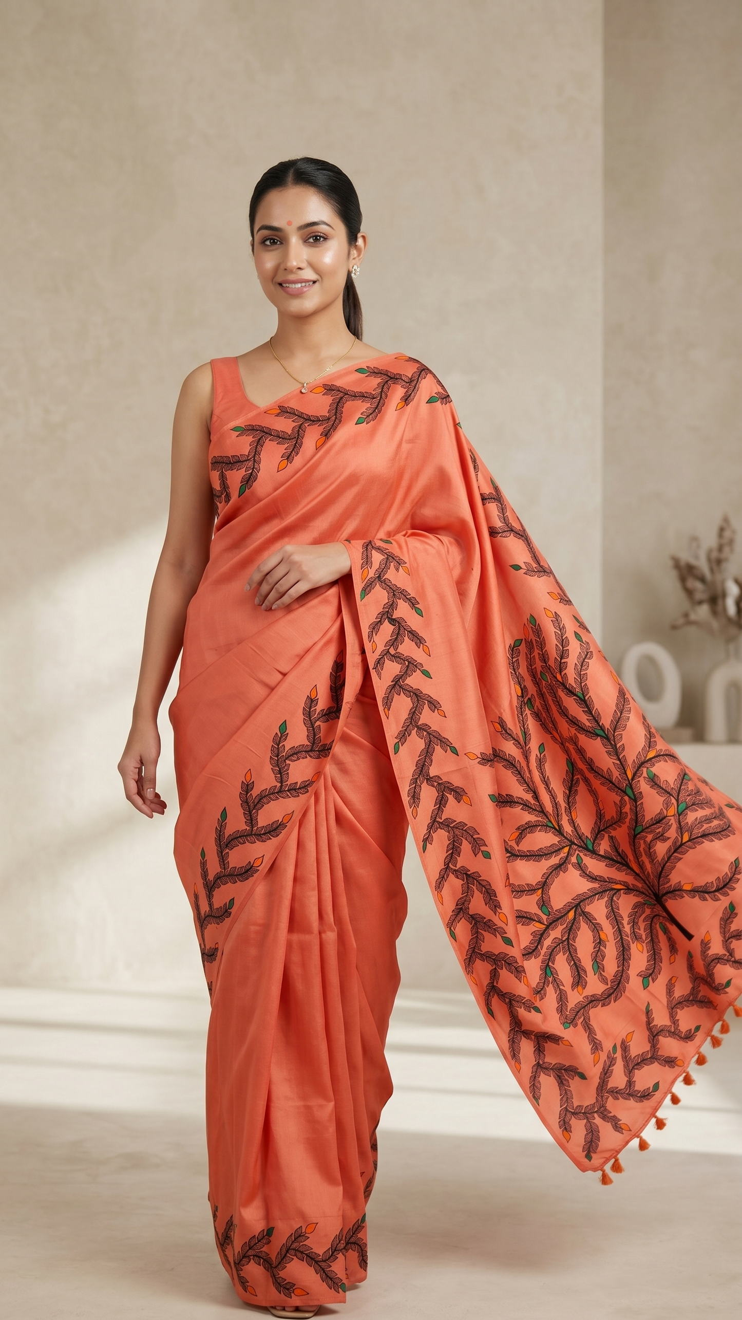 Coral peach designer silk saree with painted pallu