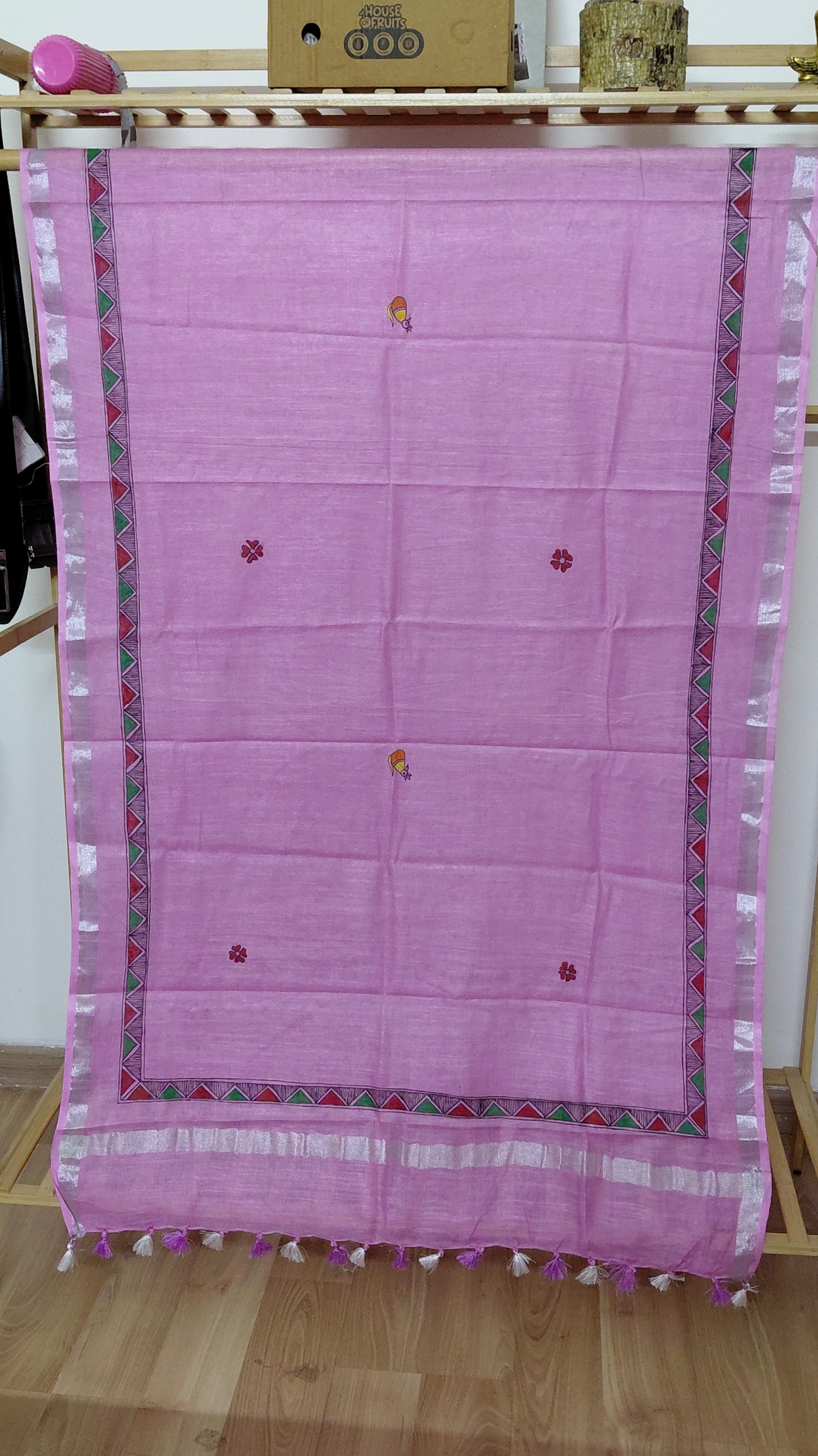 Lavender dupatta with Mithila border and tassel detailing