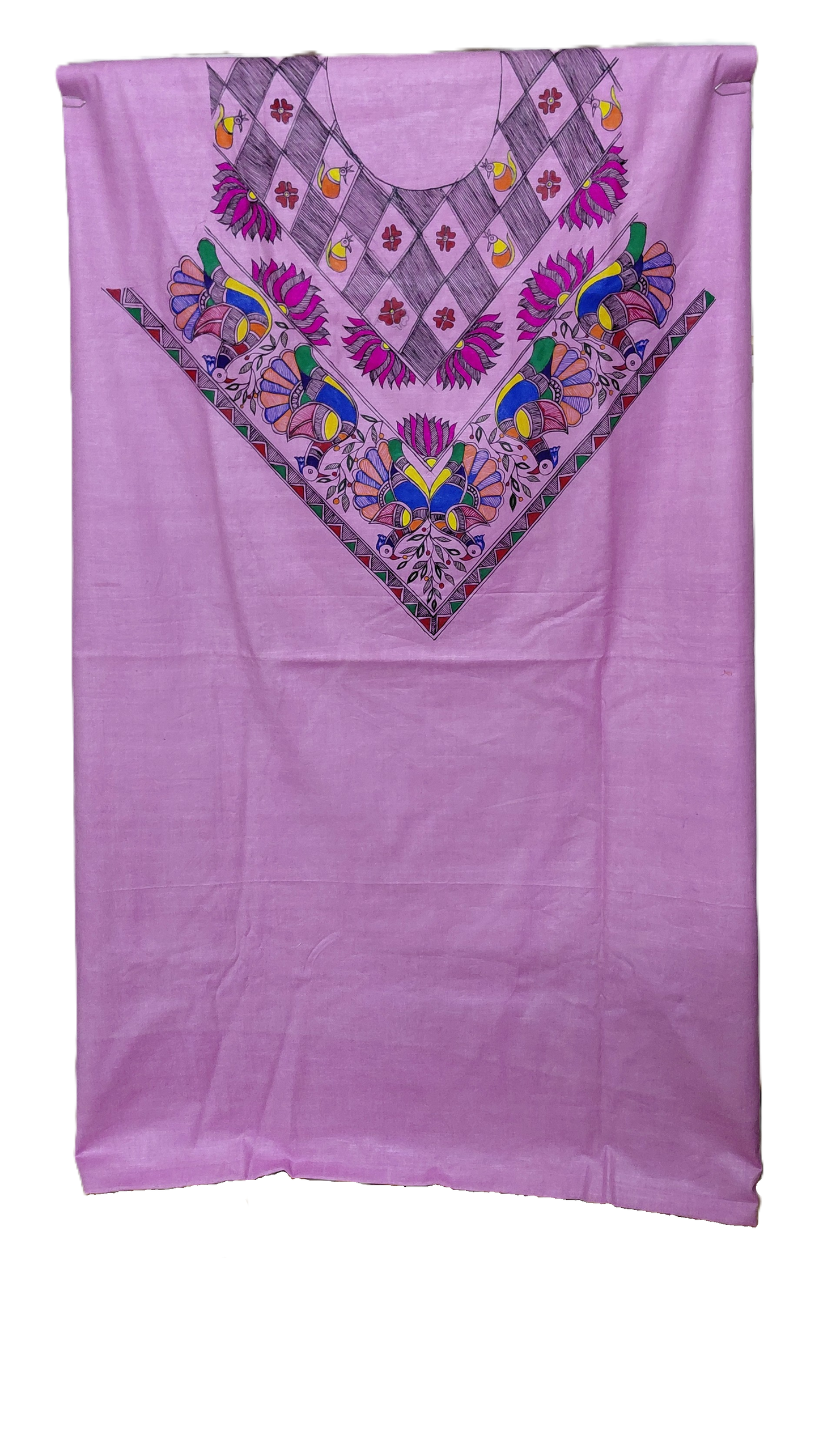Hand painted Madhubani neckline artwork on lavender kurta