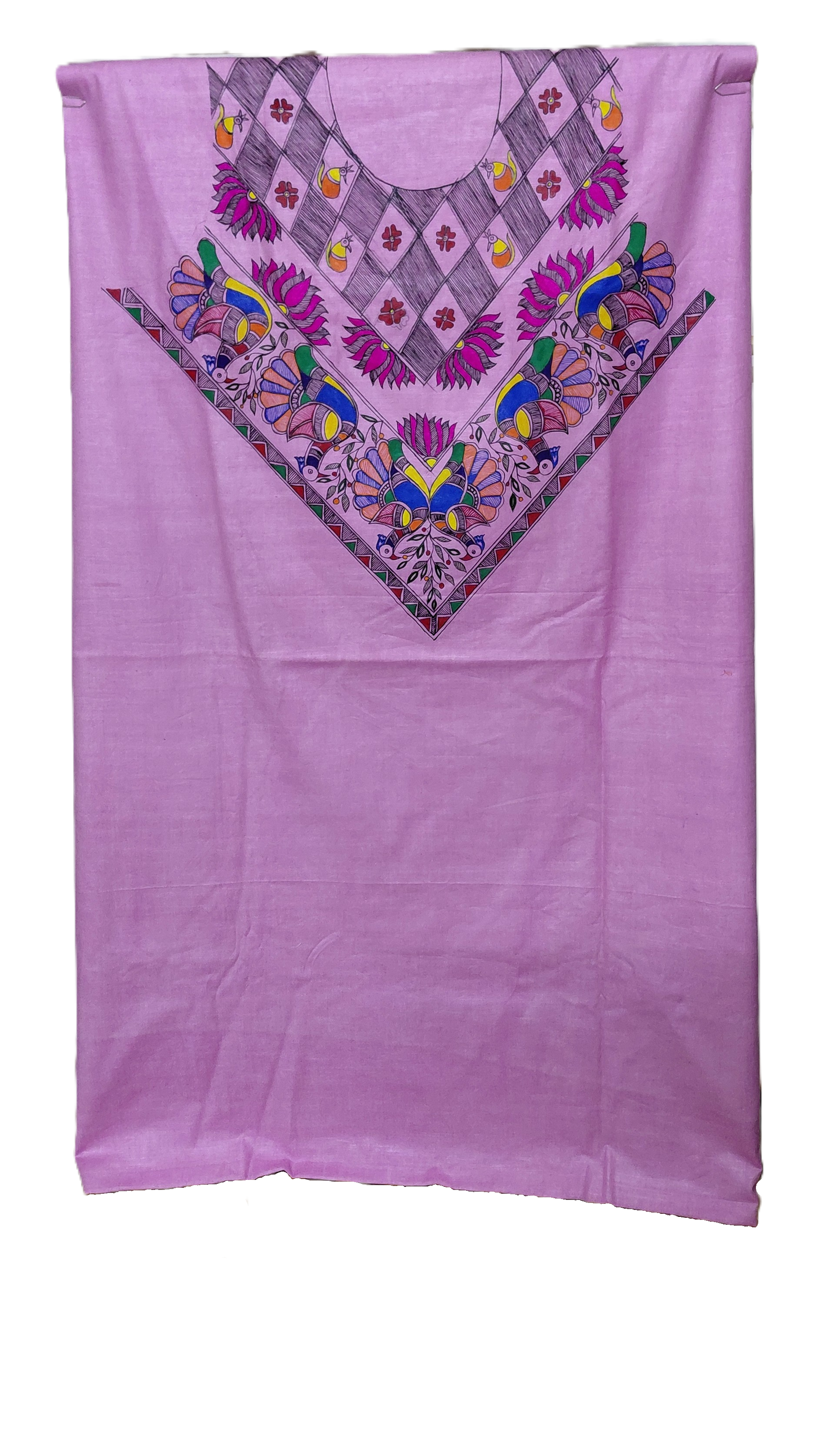 Hand painted Madhubani neckline artwork on lavender kurta