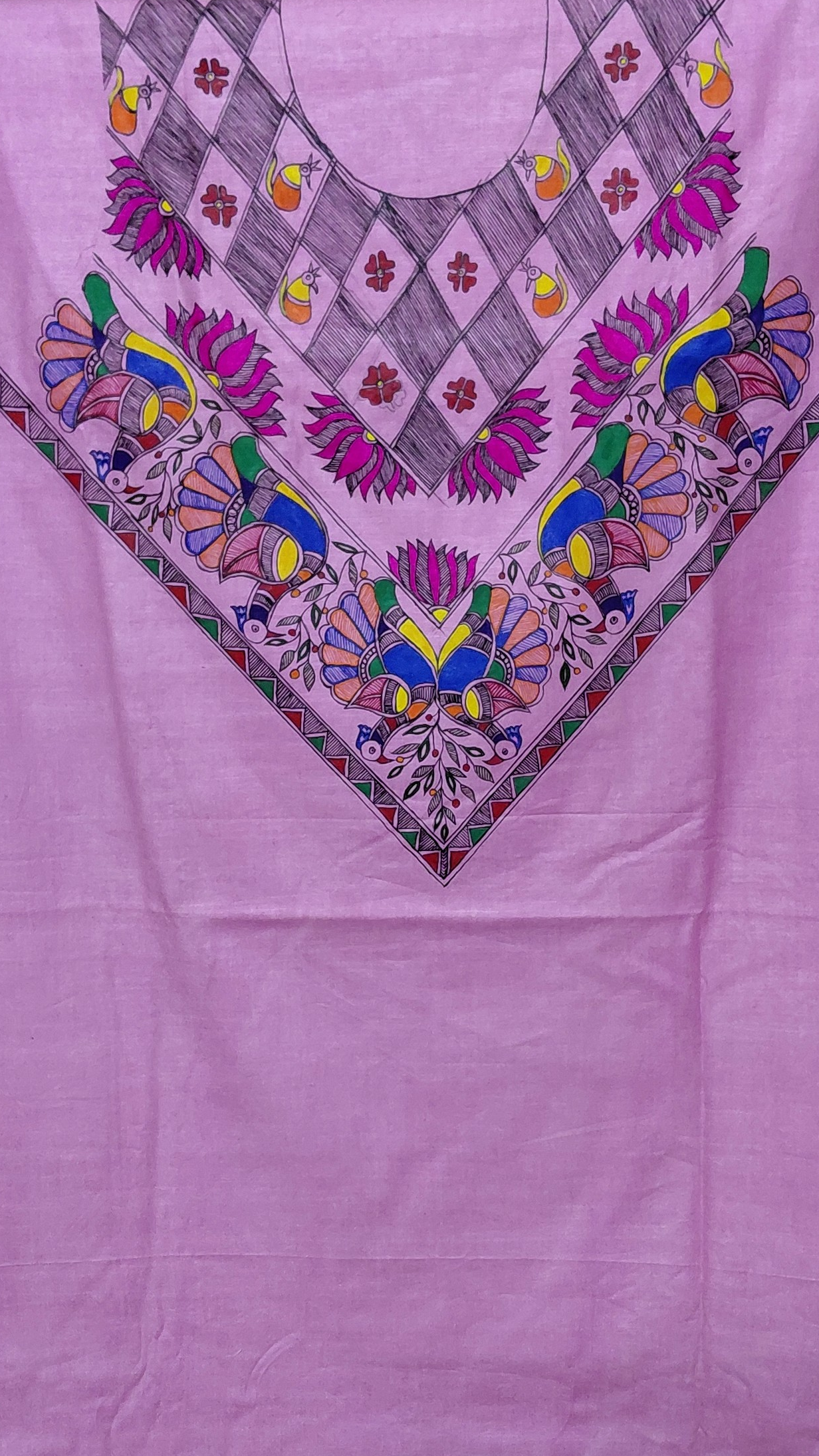 Hand painted Madhubani neckline artwork on lavender kurta top