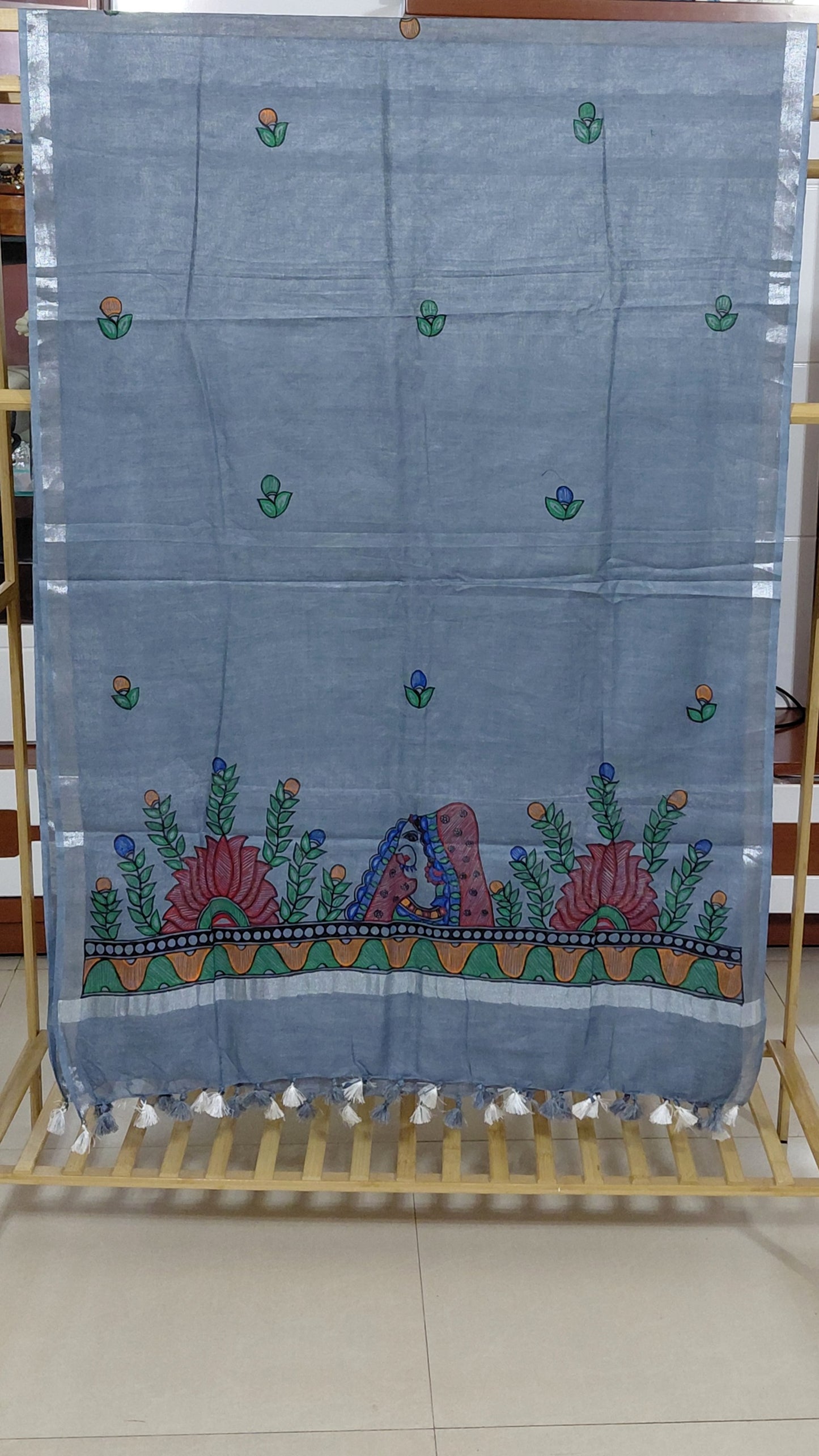 Hand-Painted Madhubani Cotton Slub Suit Set – Dusty Blue