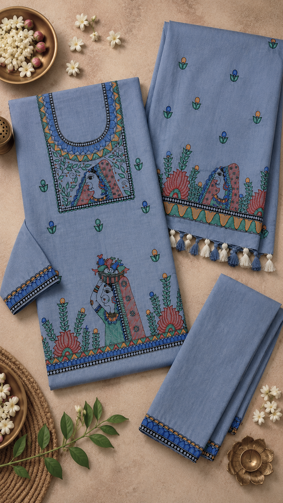 Hand-Painted Madhubani Cotton Slub Suit Set – Dusty Blue