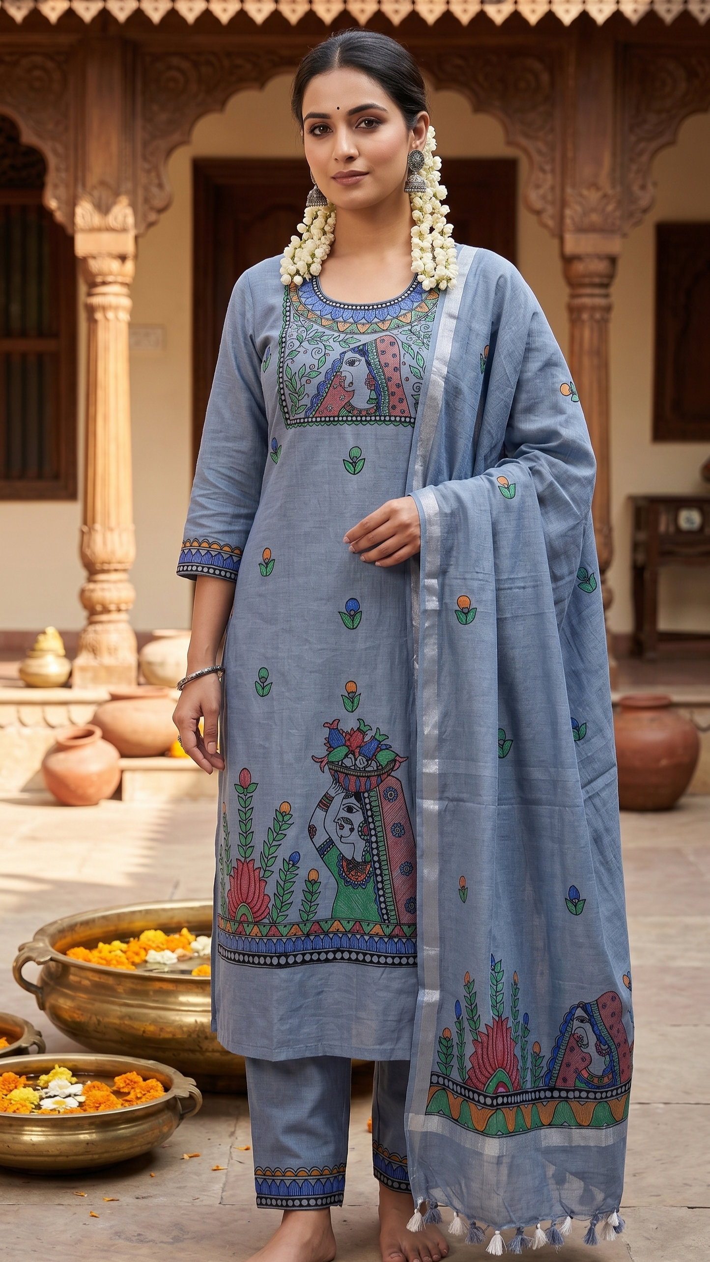 Hand-Painted Madhubani Cotton Slub Suit Set – Dusty Blue