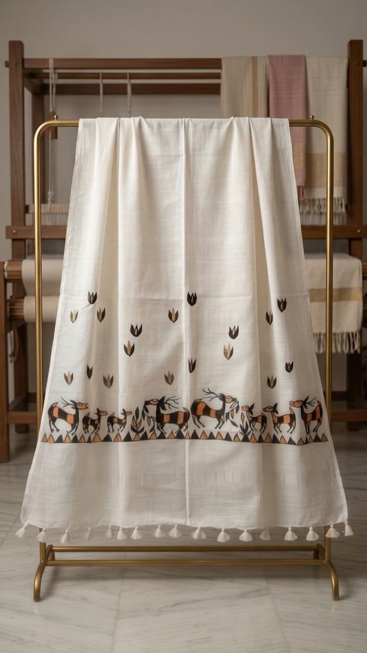 Hand-Painted Sohrai Art Cotton Dupatta – Tribal Deer Border in White