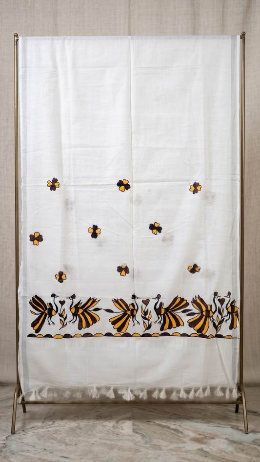 Hand-Painted Sohrai Art Cotton Dupatta – Tribal Bird Border in White