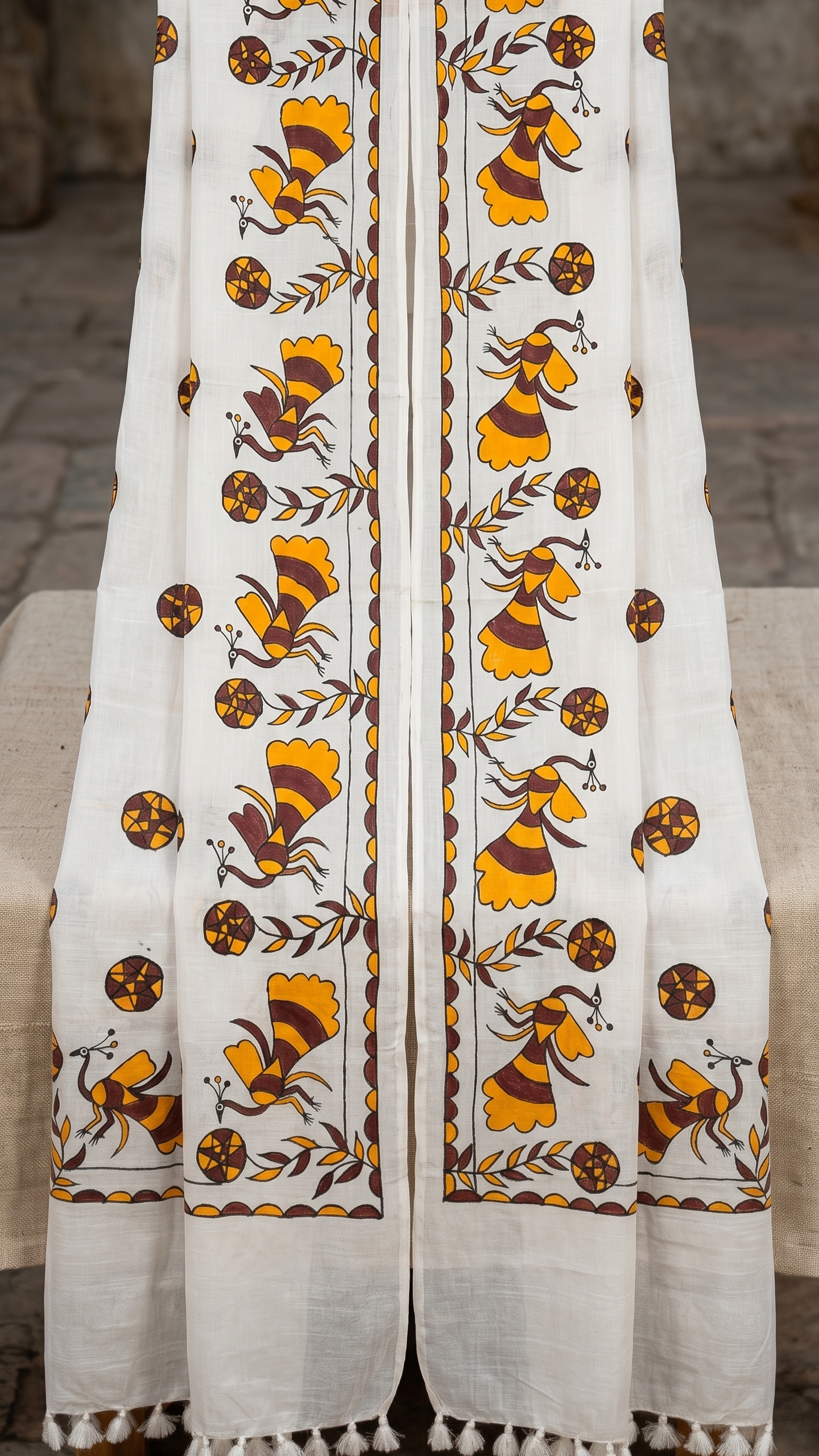 Hand-Painted Sohrai Art Cotton Dupatta – Folk Peacock Panel in White
