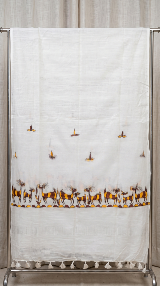 Hand-Painted Sohrai Art Cotton Dupatta – Tribal Animal Border in White