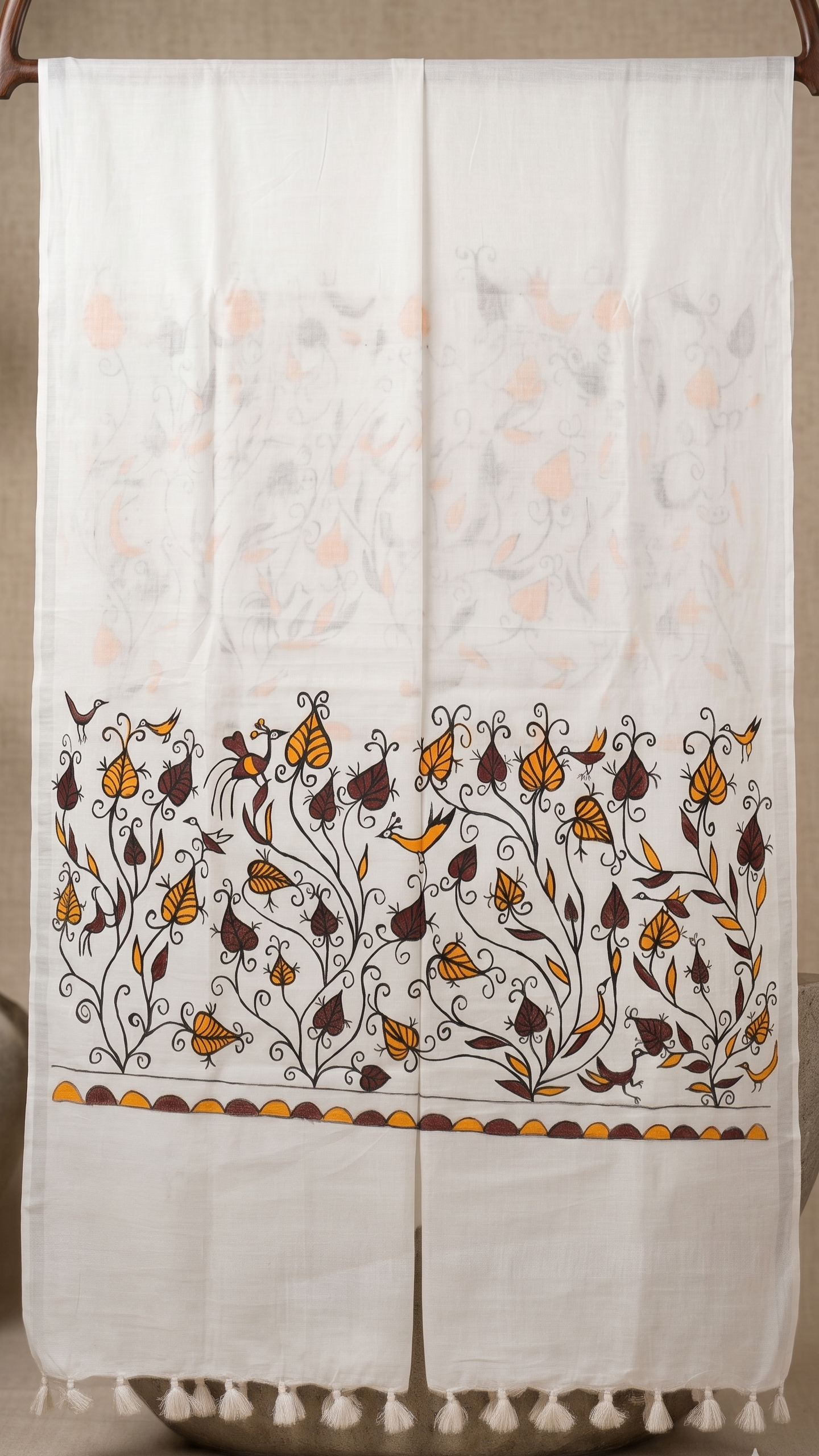 Hand-Painted Sohrai Art Cotton Dupatta – Forest Vine Motif in White