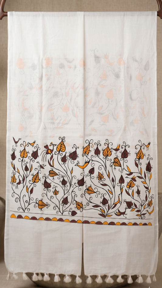 Hand-Painted Sohrai Art Cotton Dupatta – Forest Vine Motif in White