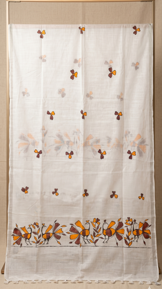 Hand-Painted Sohrai Art Cotton Dupatta – Floral Bird Border in White