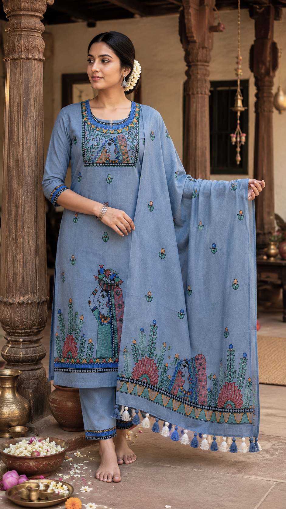 Hand-Painted Madhubani Cotton Slub Suit Set – Dusty Blue