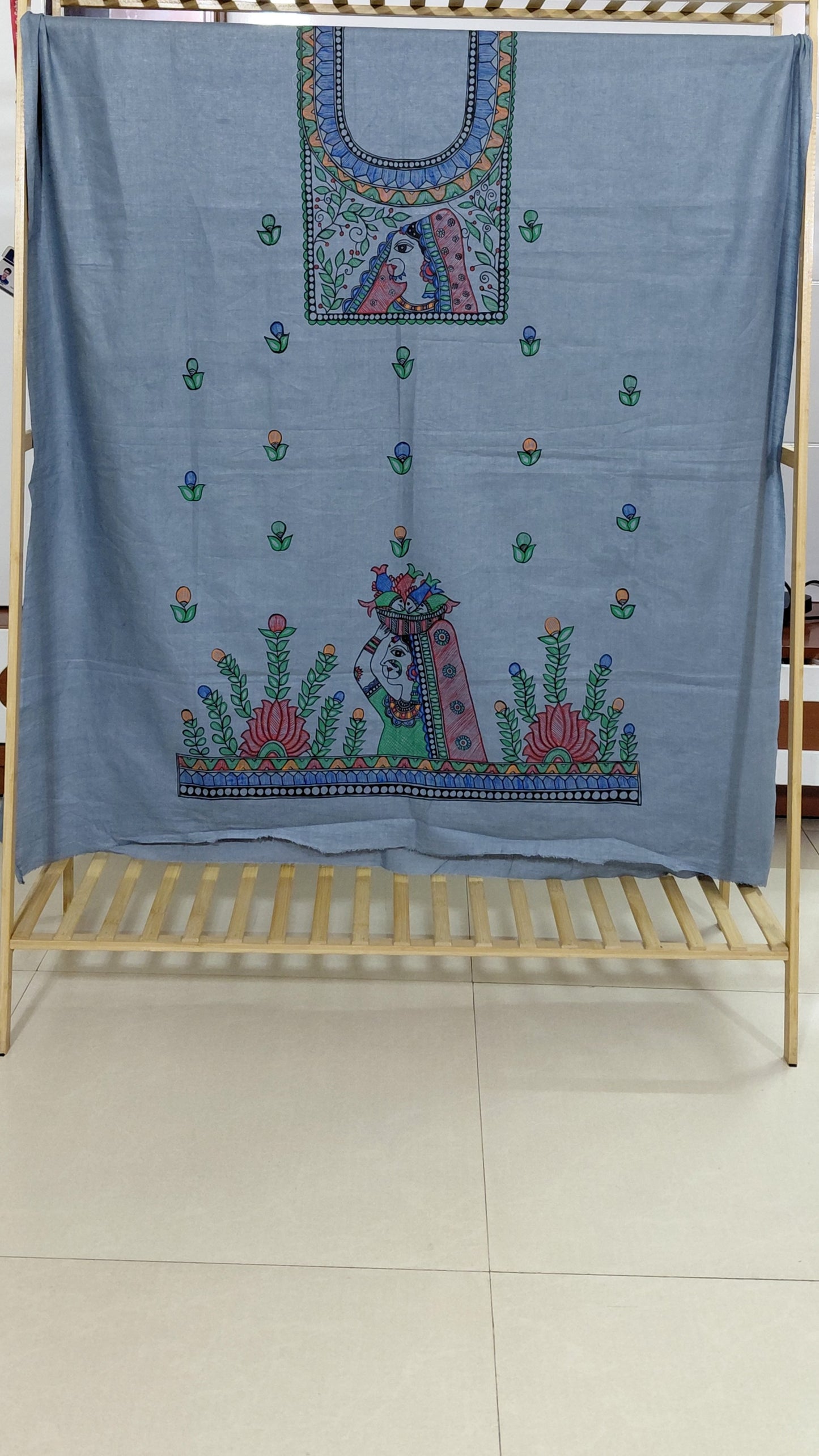 Hand-Painted Madhubani Cotton Slub Suit Set – Dusty Blue
