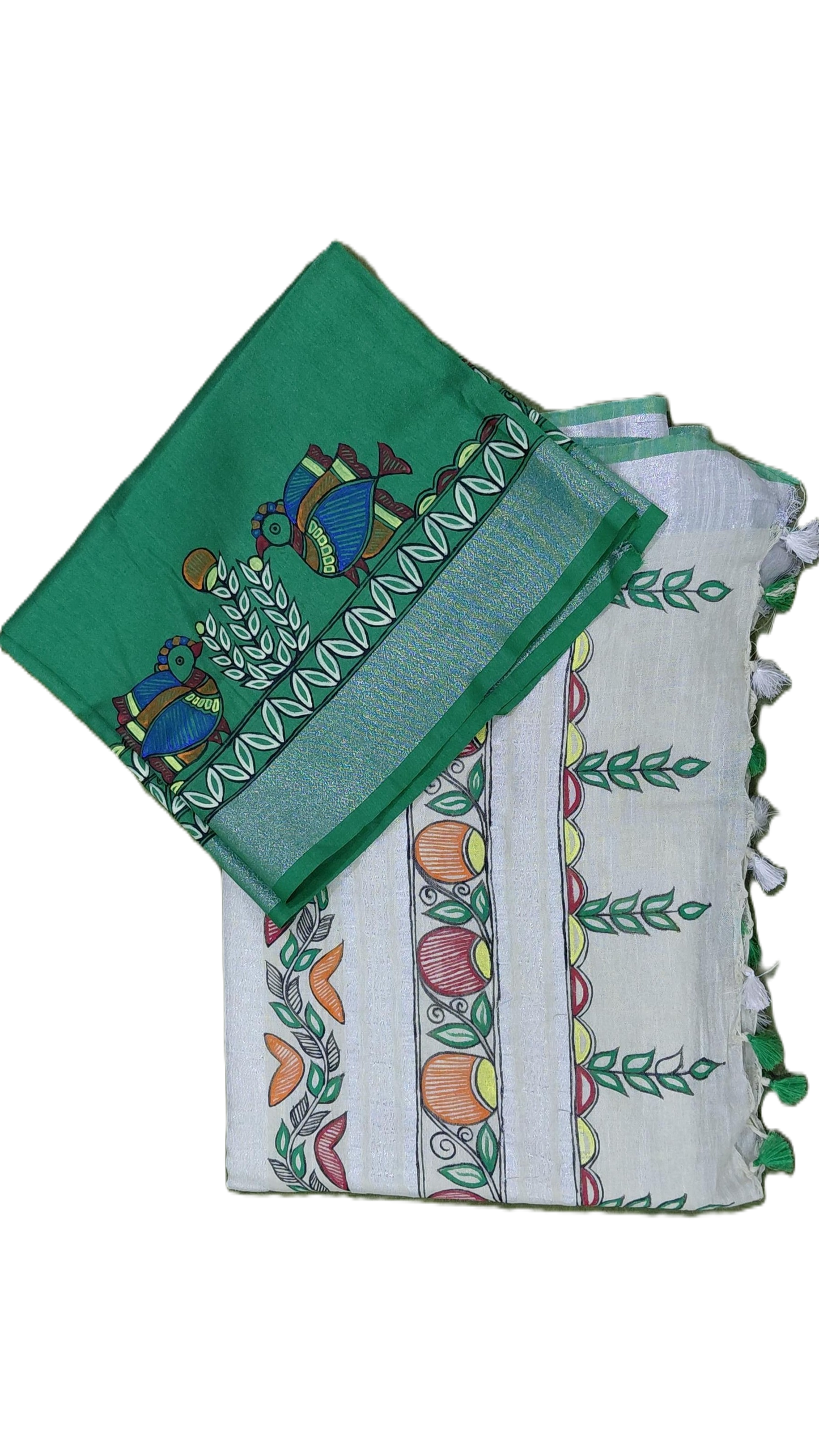 Green blouse fabric with matching Madhubani bird painting