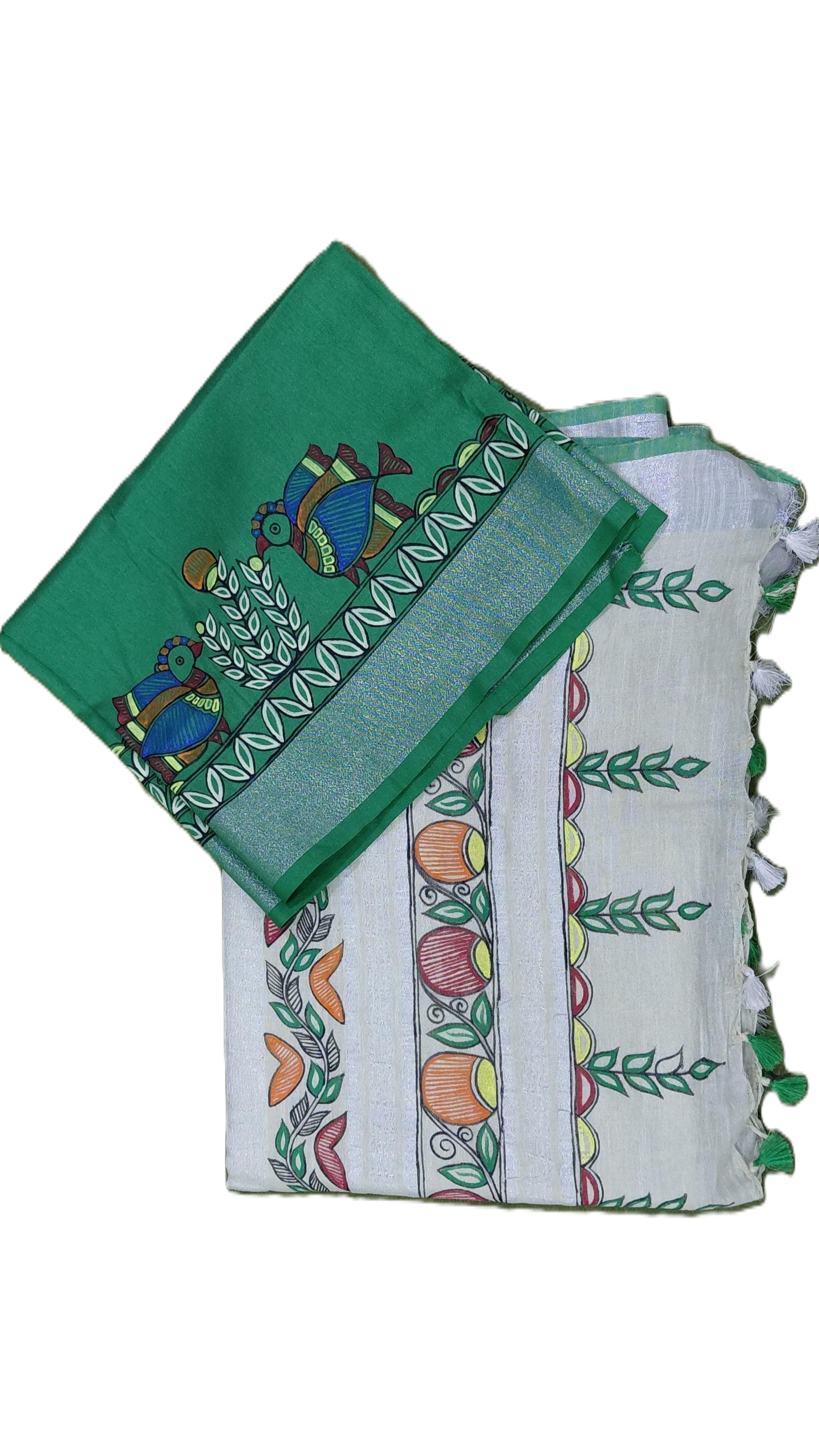 Green blouse fabric with matching Madhubani bird painting