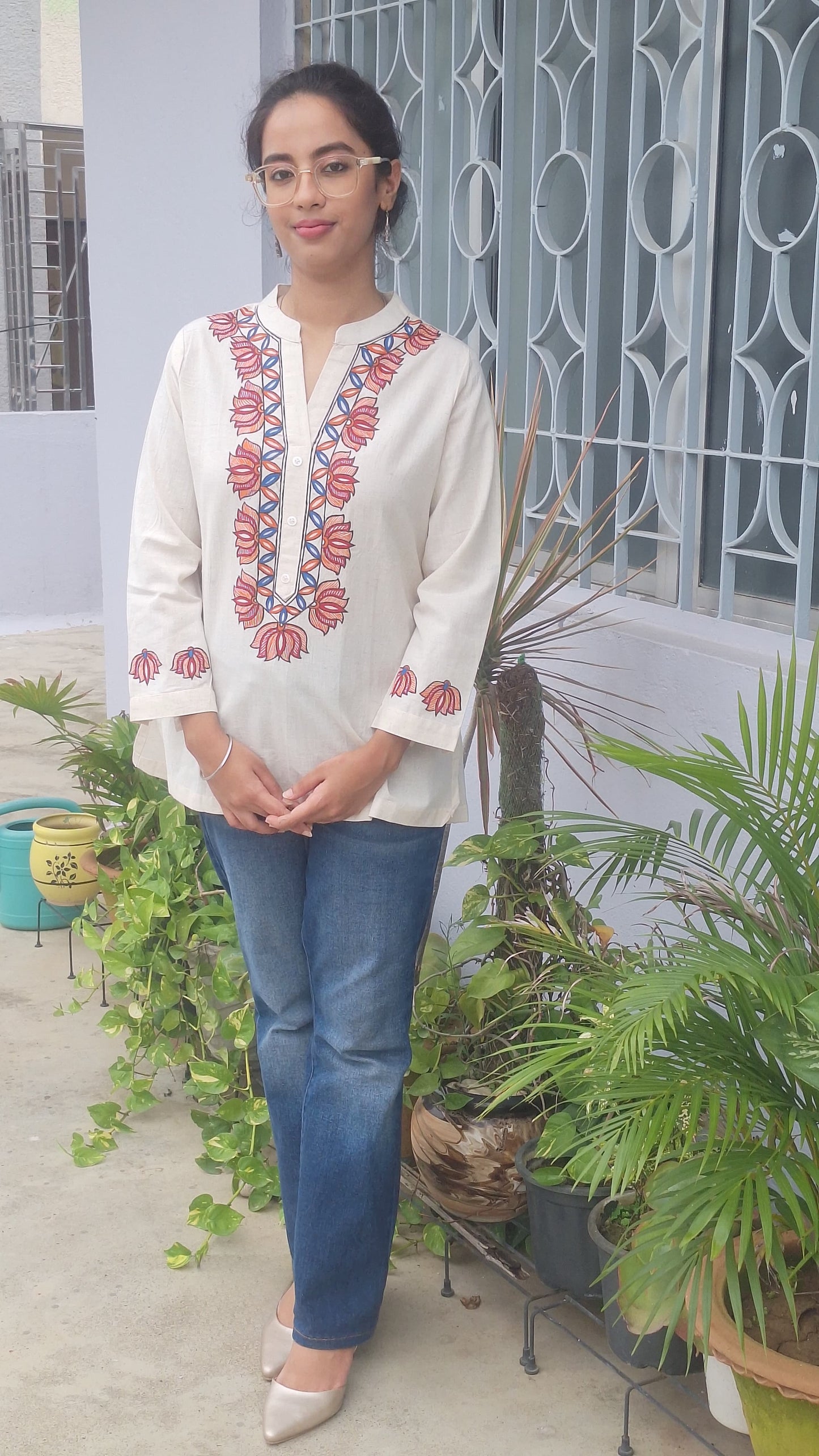 Ivory Pure Cotton Hand-Painted Madhubani Art Short Kurta