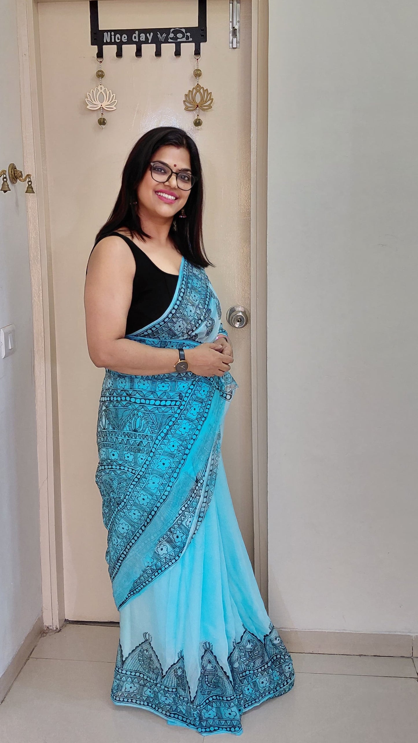 Sky Blue Ombre Pure Chiffon Silk Hand-Painted Madhubani Matsya Saree