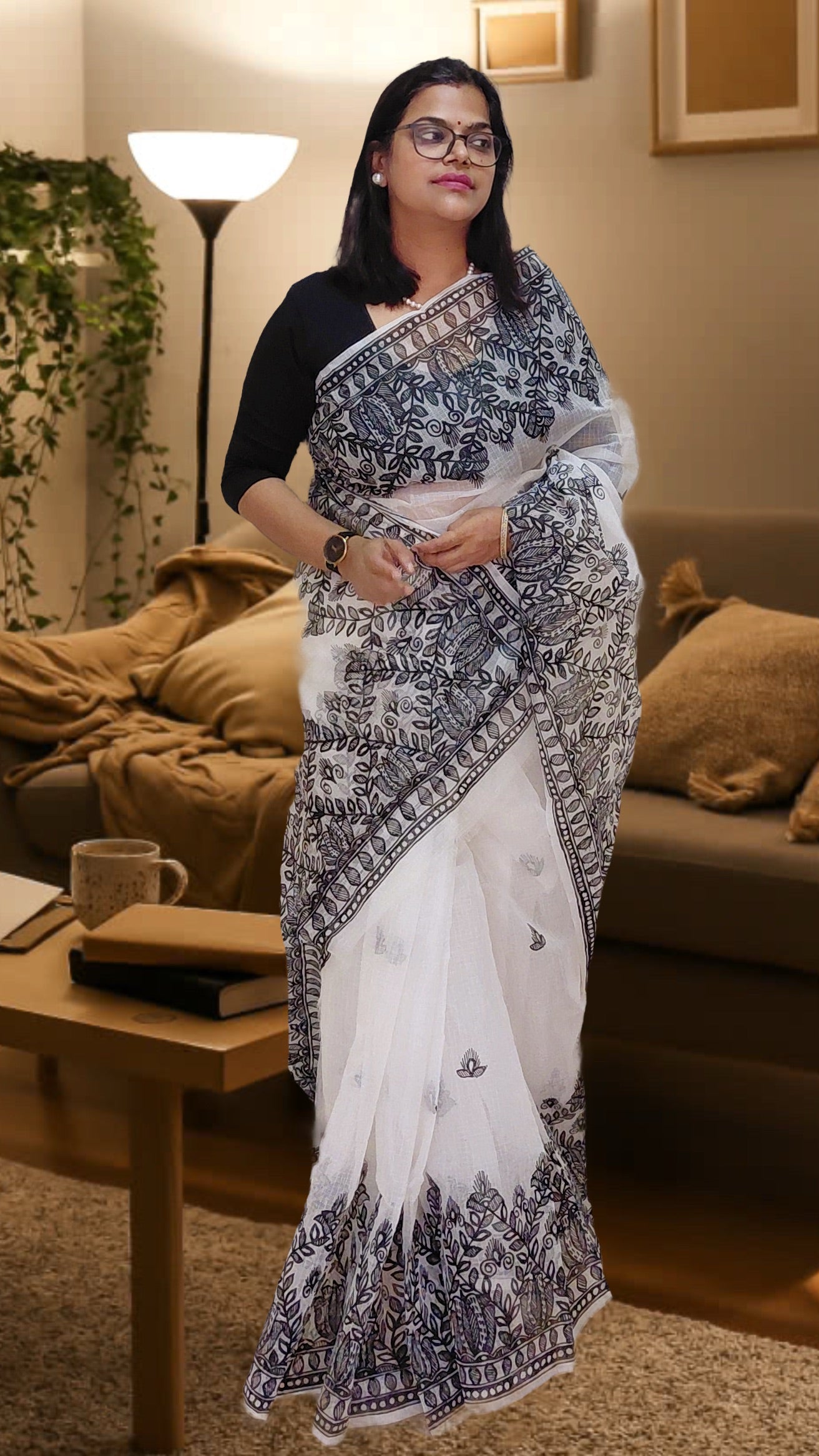 Ivory Monochrome Madhubani Kota Doria Saree