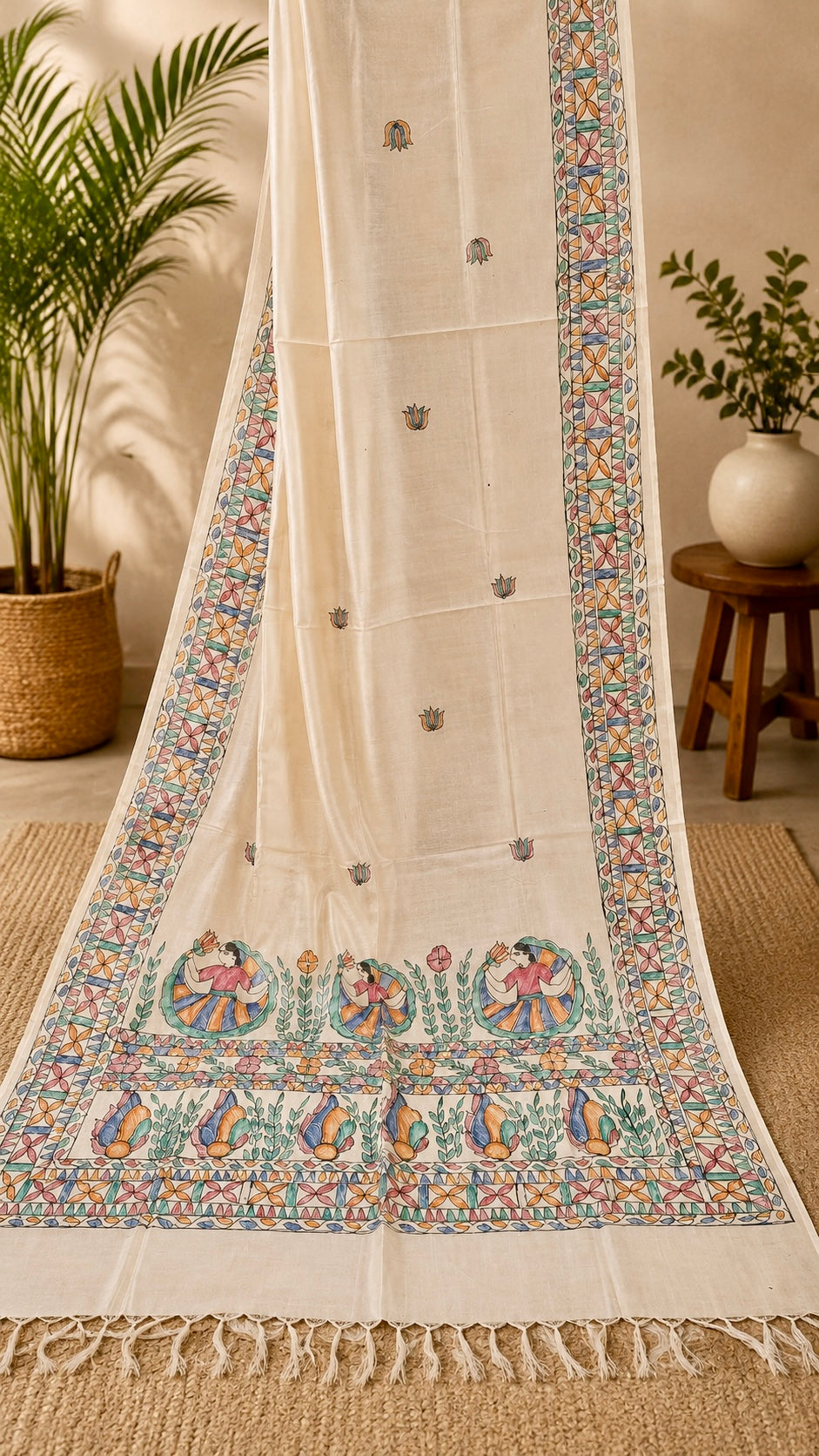 Natural Ivory Pure Tussar Silk Hand-Painted Madhubani Dupatta