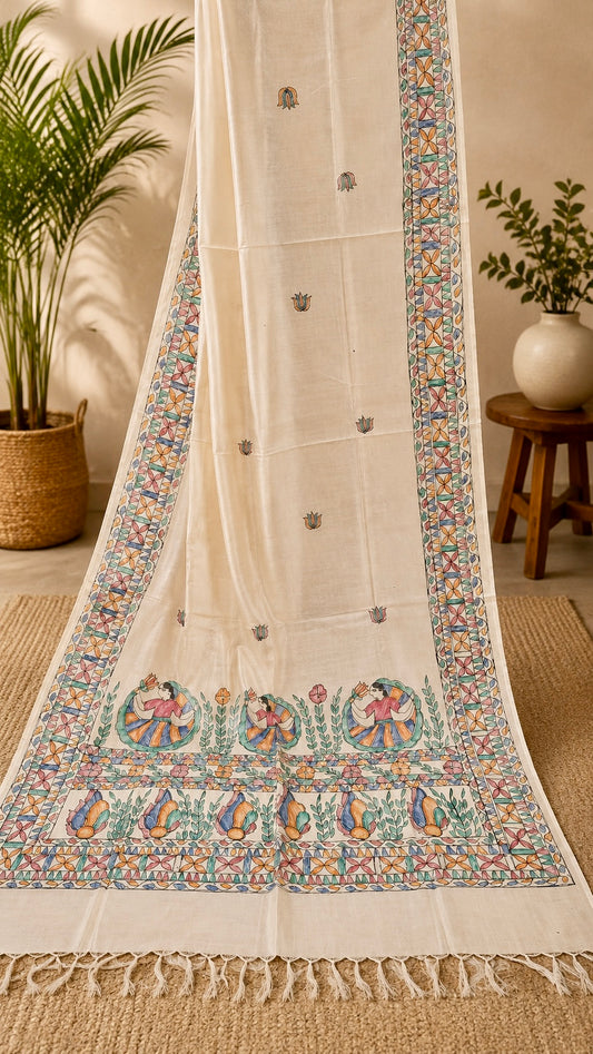 Natural Ivory Pure Tussar Silk Hand-Painted Madhubani Dupatta