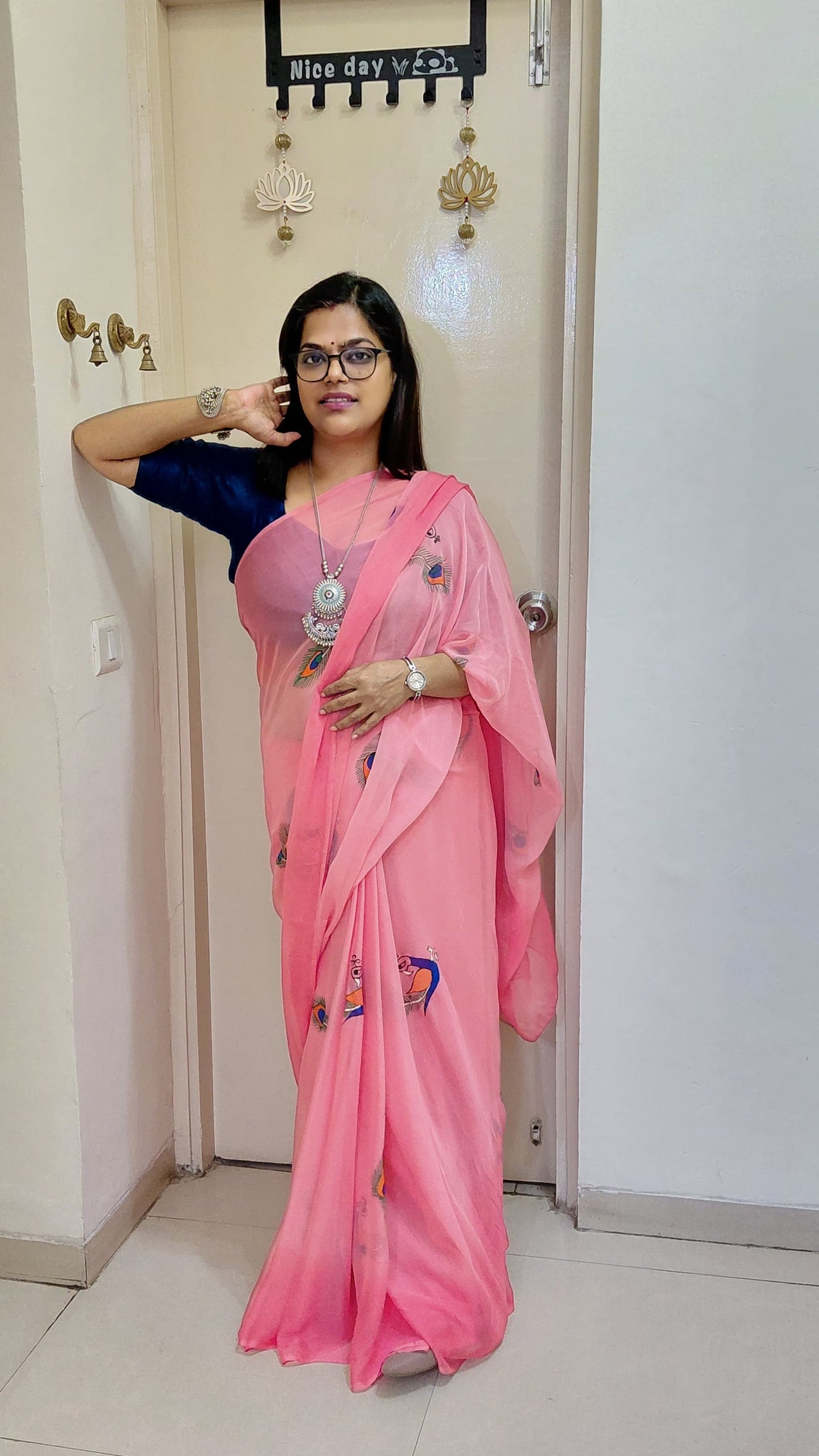 Candy Pink Pure Chiffon Silk Hand-Painted Madhubani Peacock Saree