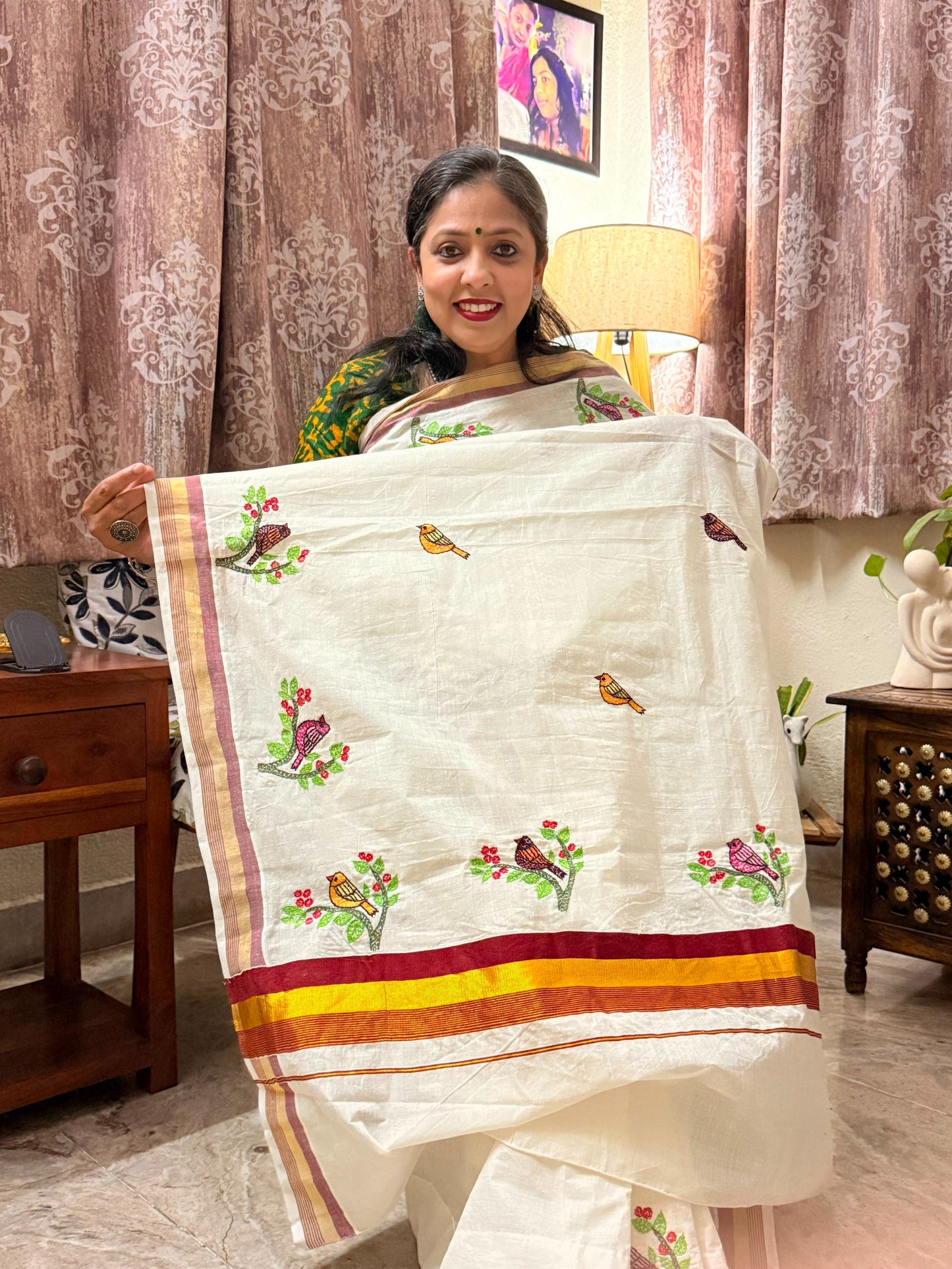 Sujni Art Embroidered Birds Kerala Cotton Saree | Rangika Studio