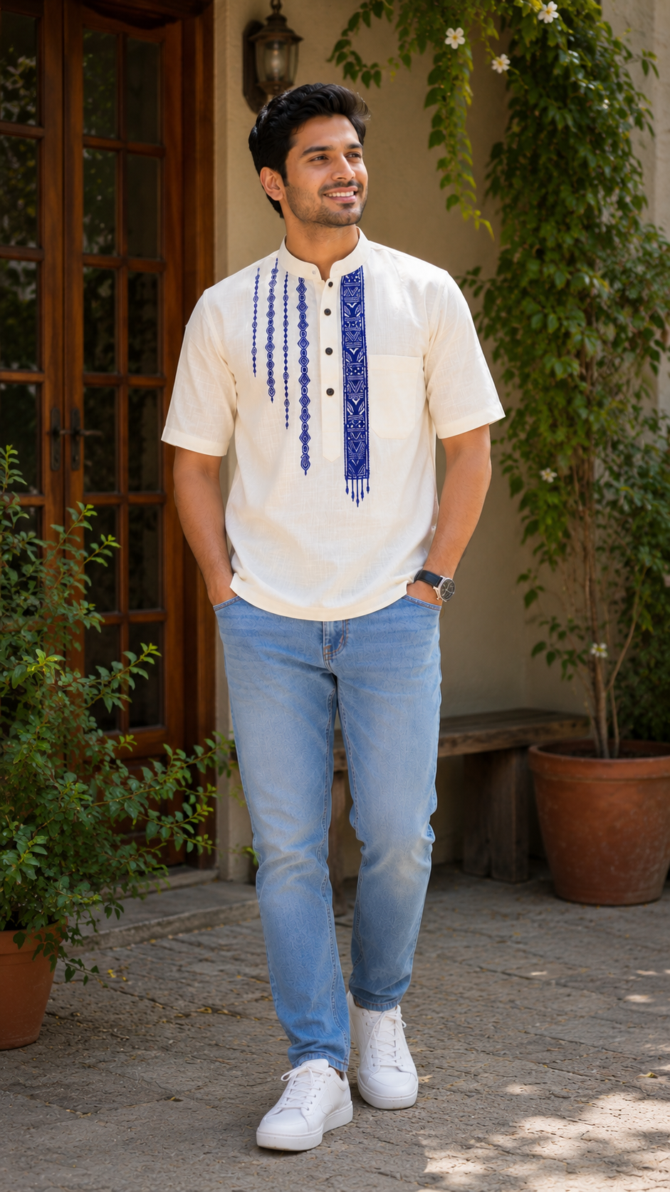 Hand-Painted Madhubani Art Men's Short Kurta • Cream • Linen-Cotton