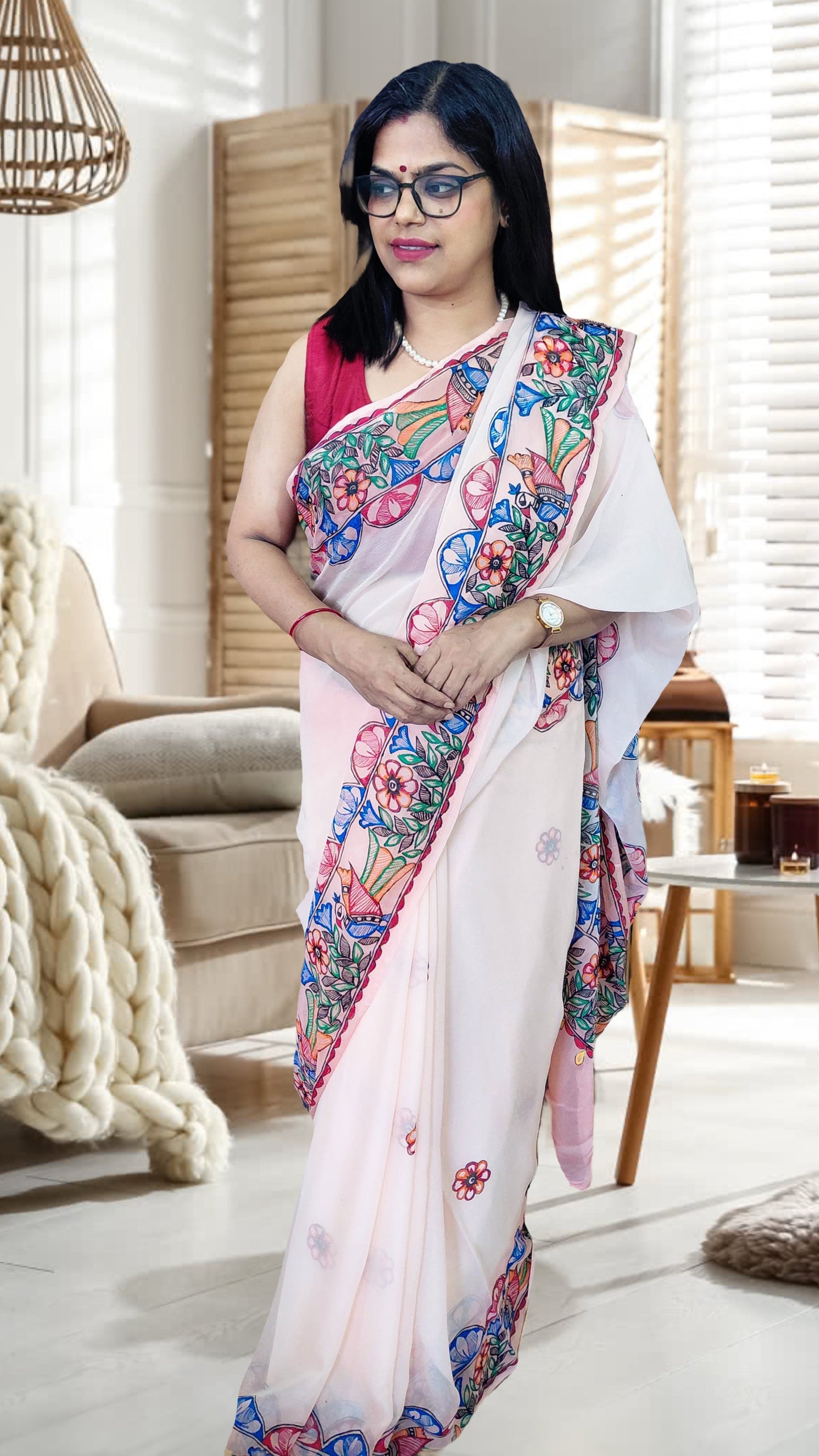 Blush Pink Pure Chiffon Madhubani Hand-Painted Saree