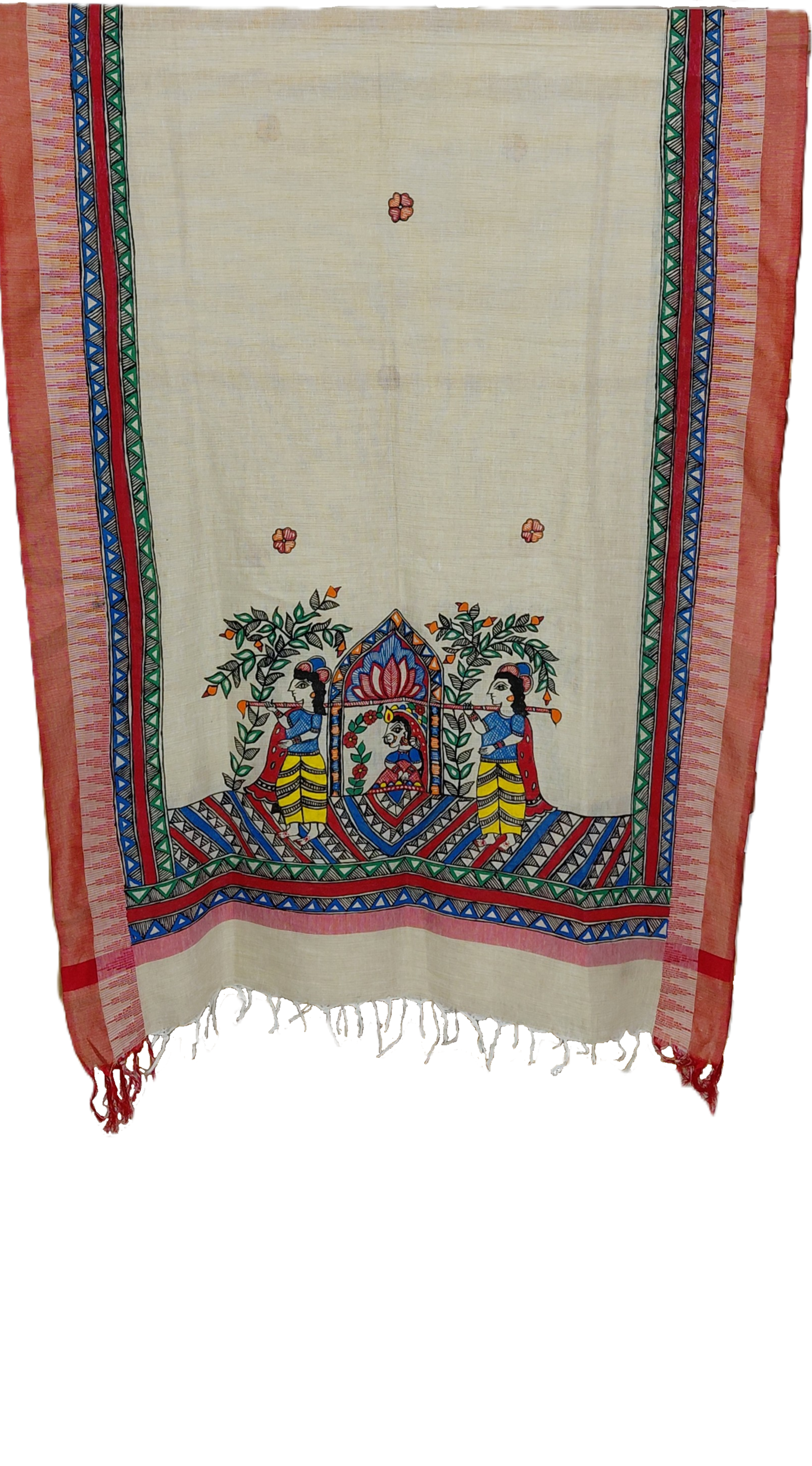 Hand-painted ethnic dupatta with geometric Madhubani borders
