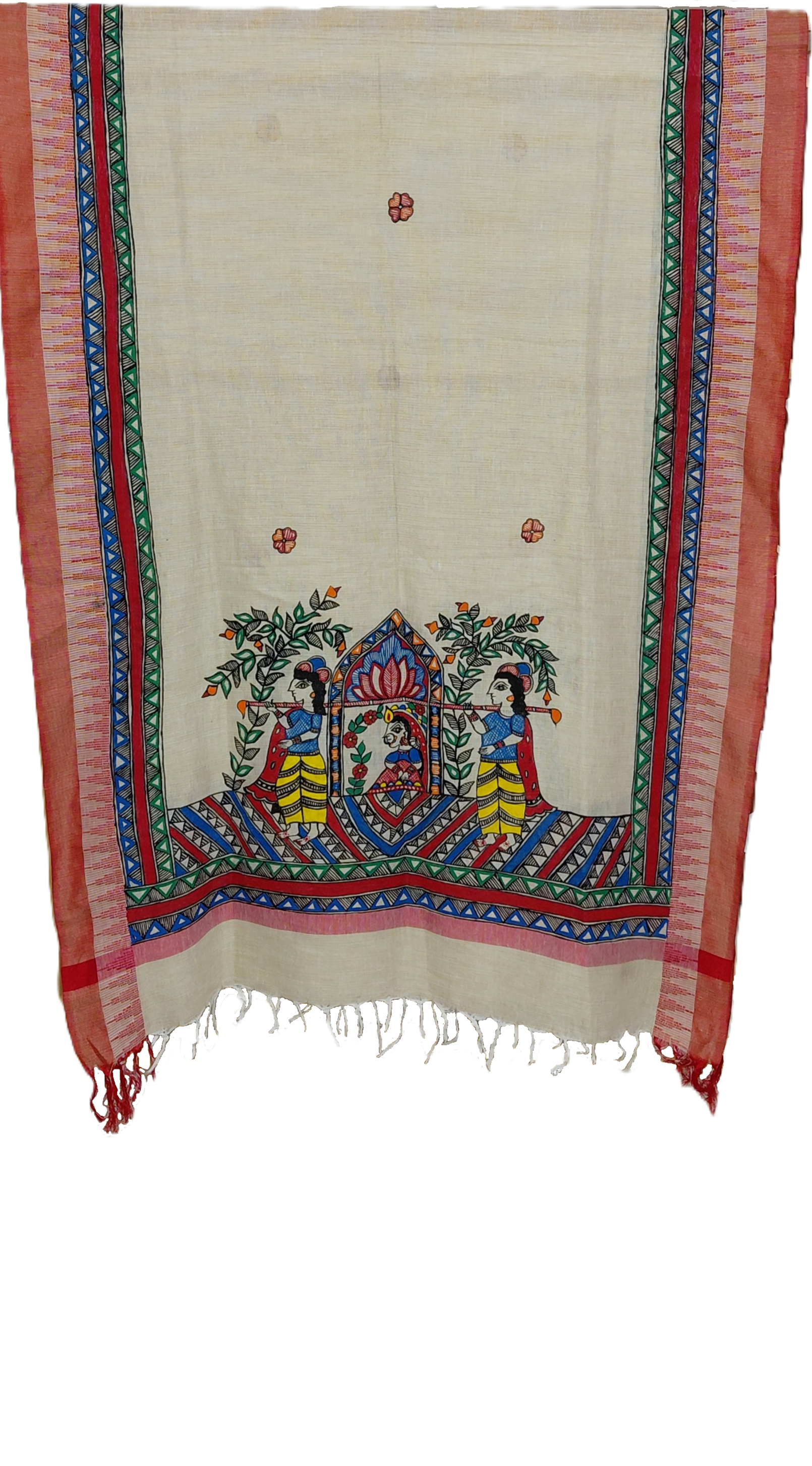 Hand-painted ethnic dupatta with geometric Madhubani borders