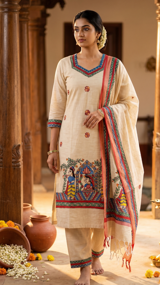 Hand-painted Madhubani Dupian cotton suit set with Doli Kahar motif