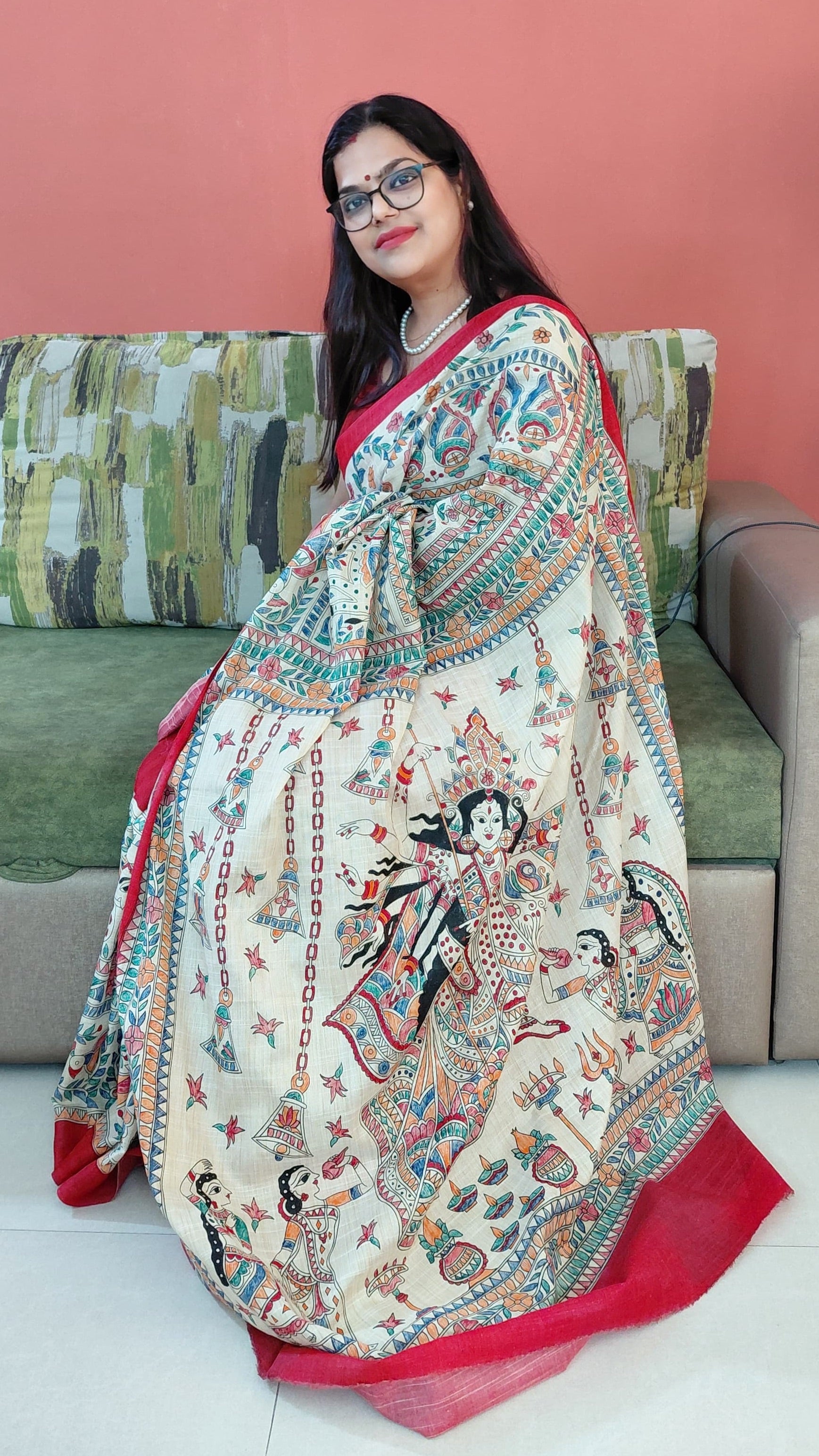 Hand-painted Durga Maa motif on premium cotton saree