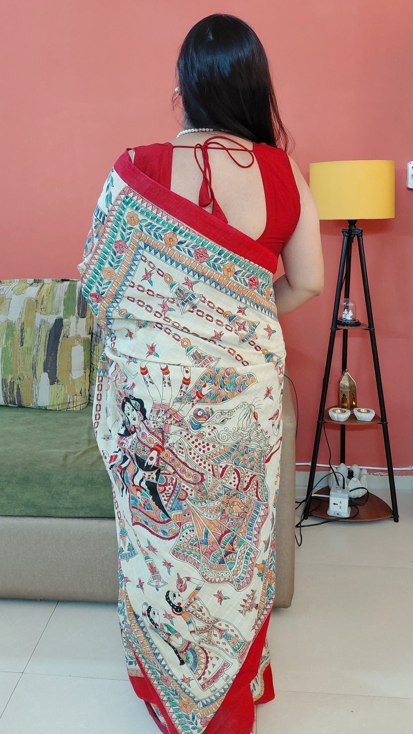 Durga Mahotsav Madhubani hand-painted premium cotton saree back view