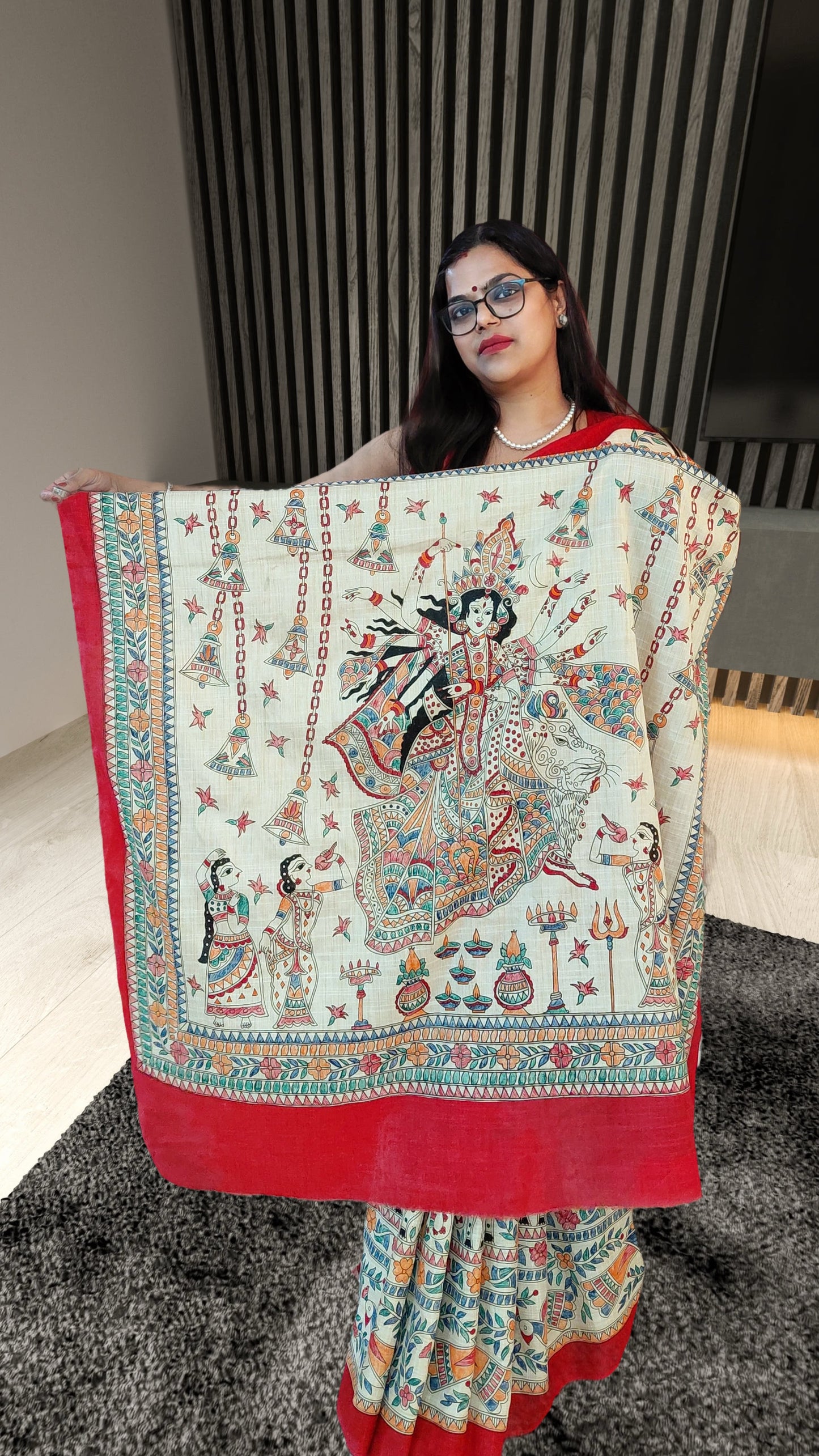 Durga Mahotsav Madhubani hand-painted premium cotton saree front view