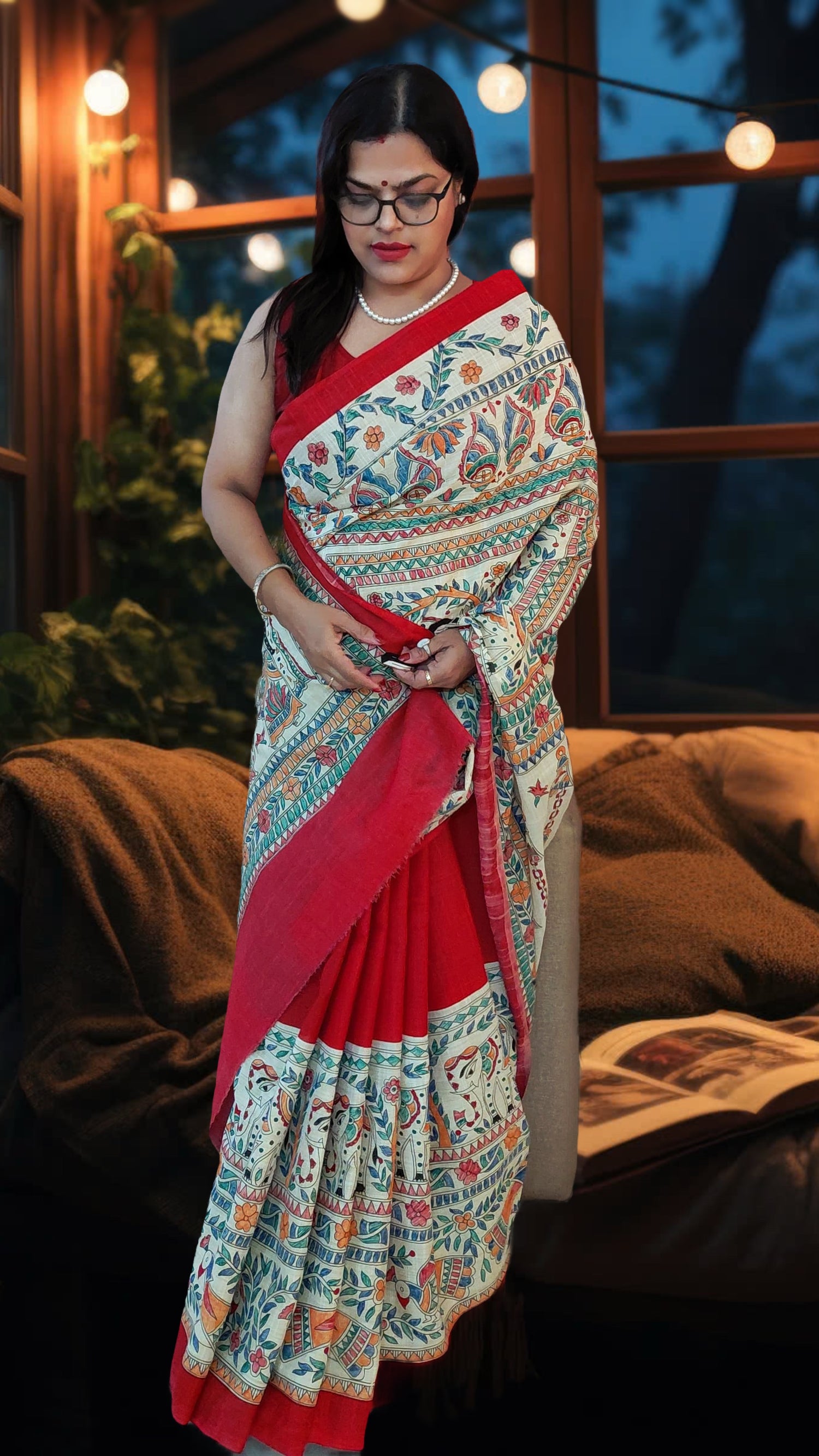 Durga Mahotsav Madhubani hand-painted premium cotton saree front view