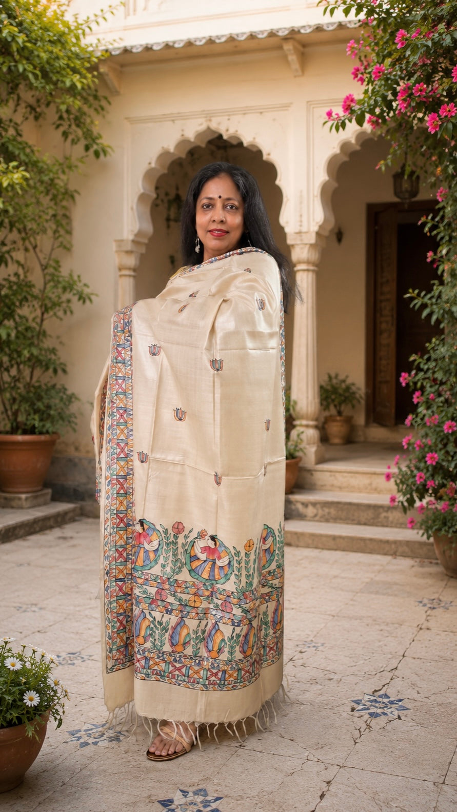 Natural Ivory Pure Tussar Silk Hand-Painted Madhubani Dupatta
