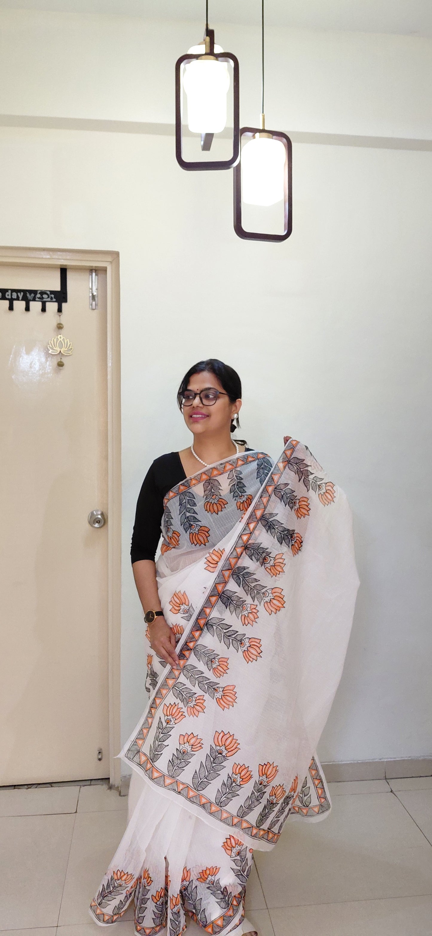 Ivory Lotus Bloom Madhubani Kota Doria Saree