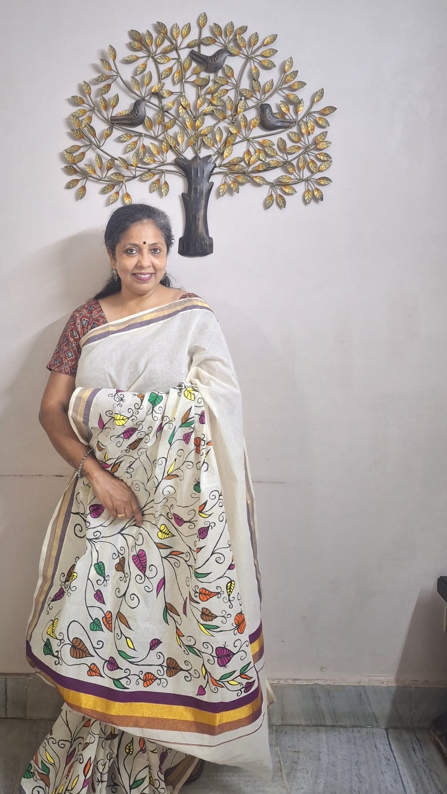 Sohrai Hand Painted Kerala Cotton Saree – Tree of Life