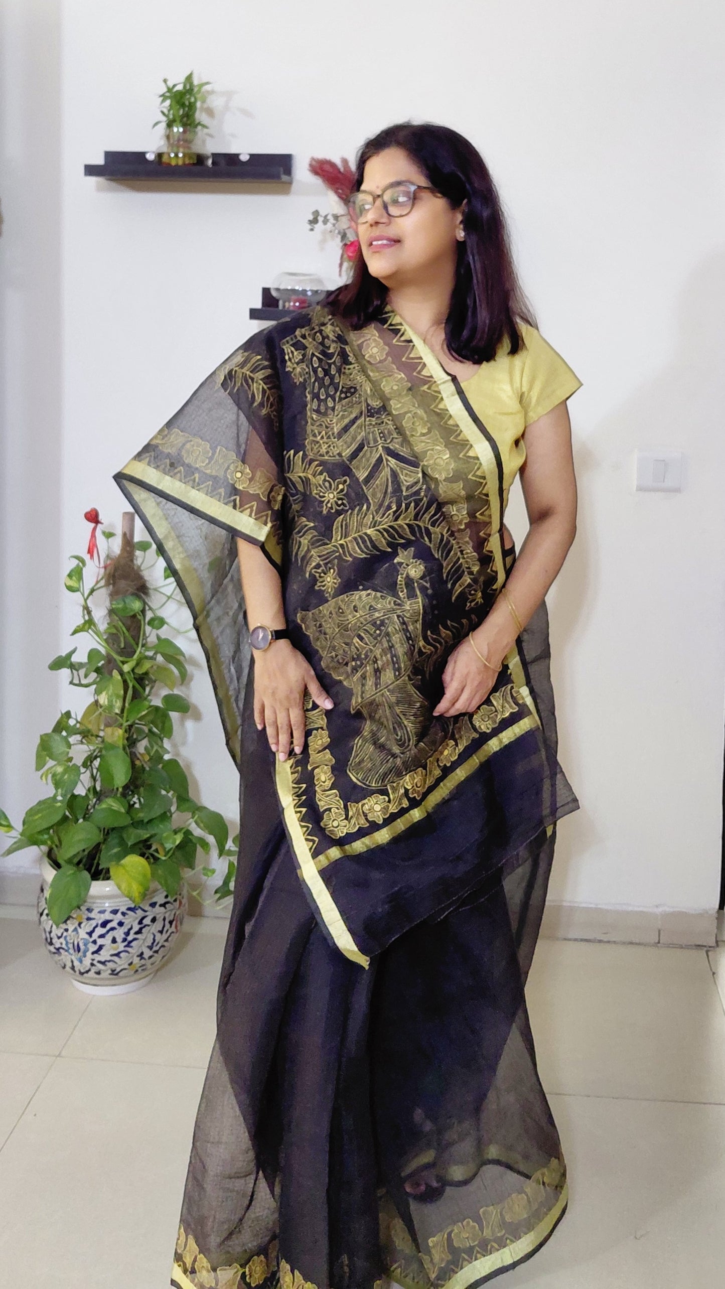Black Radha Krishna Madhubani Kota Doria Saree