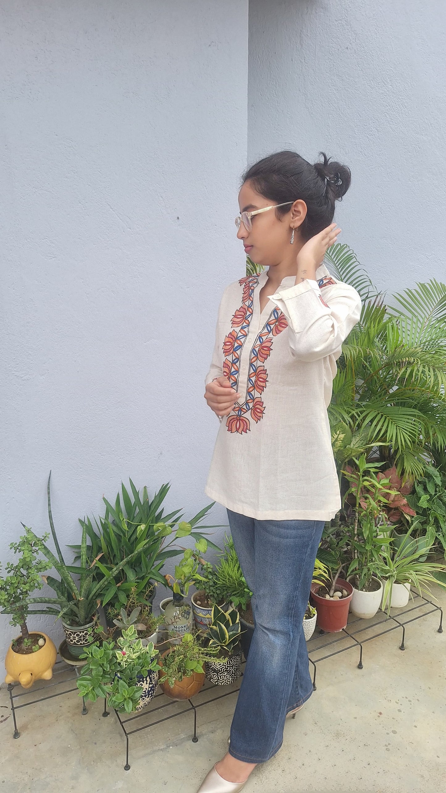 Ivory Pure Cotton Hand-Painted Madhubani Art Short Kurta
