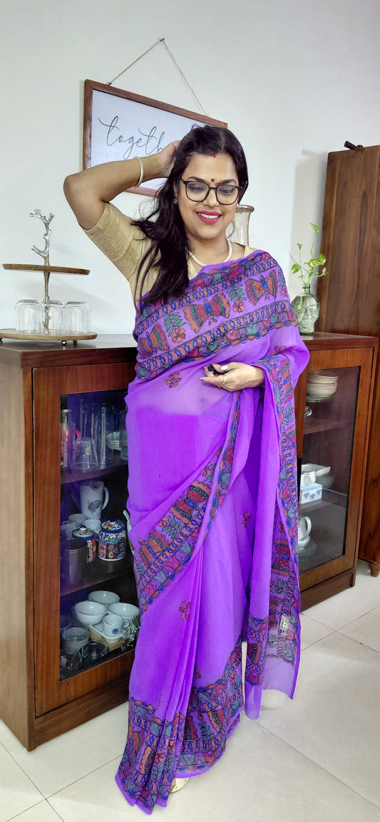 ⚡Electric Violet Georgette Madhubani Saree | Rangika Studio
