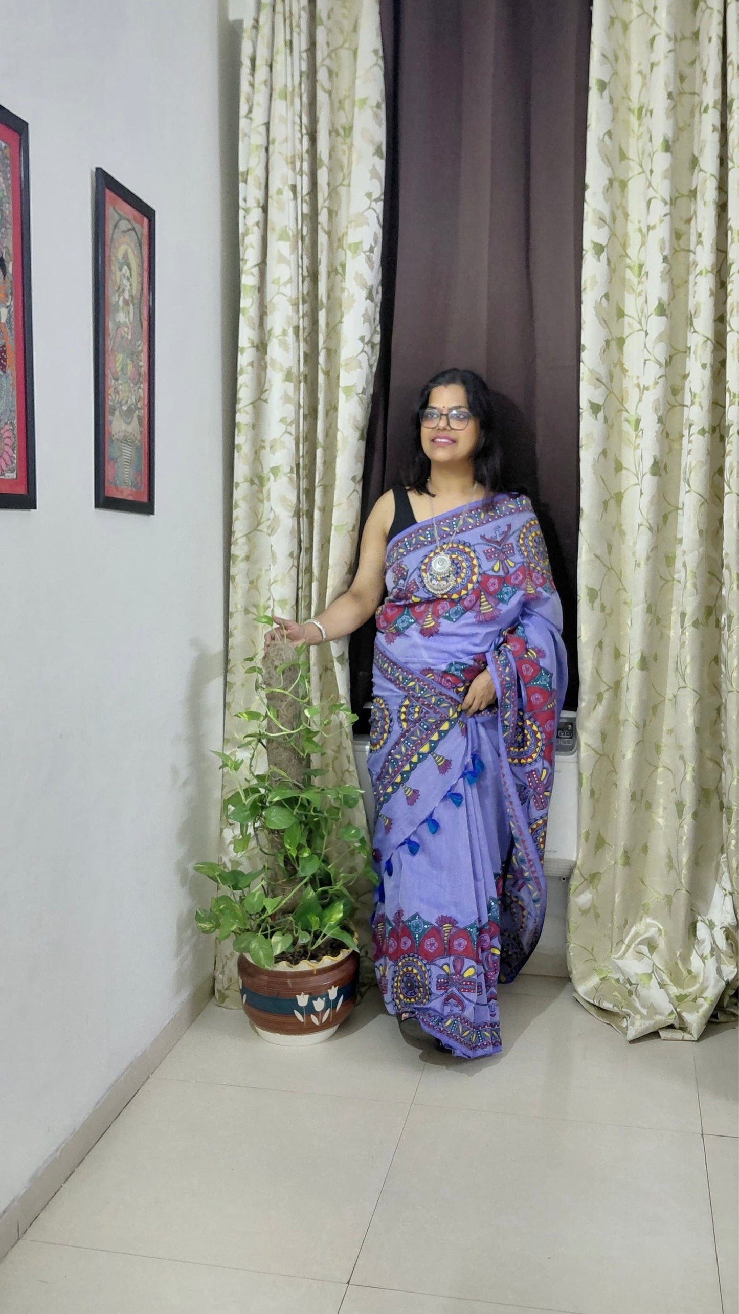 Lavender Khadi Cotton Madhubani Hand-Painted Saree – Mandala & Dragonfly