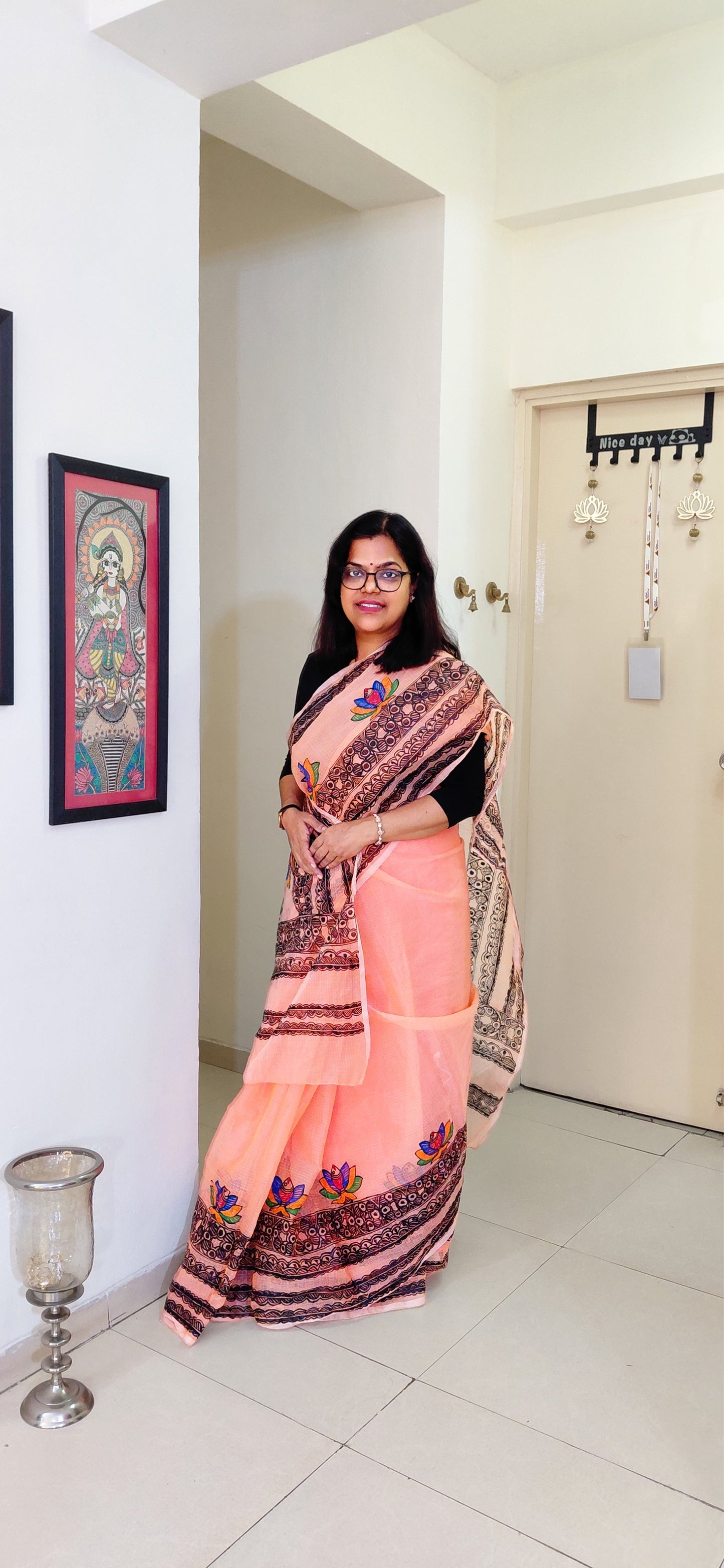 Blush Peach Lotus Bloom Madhubani Kota Doria Saree