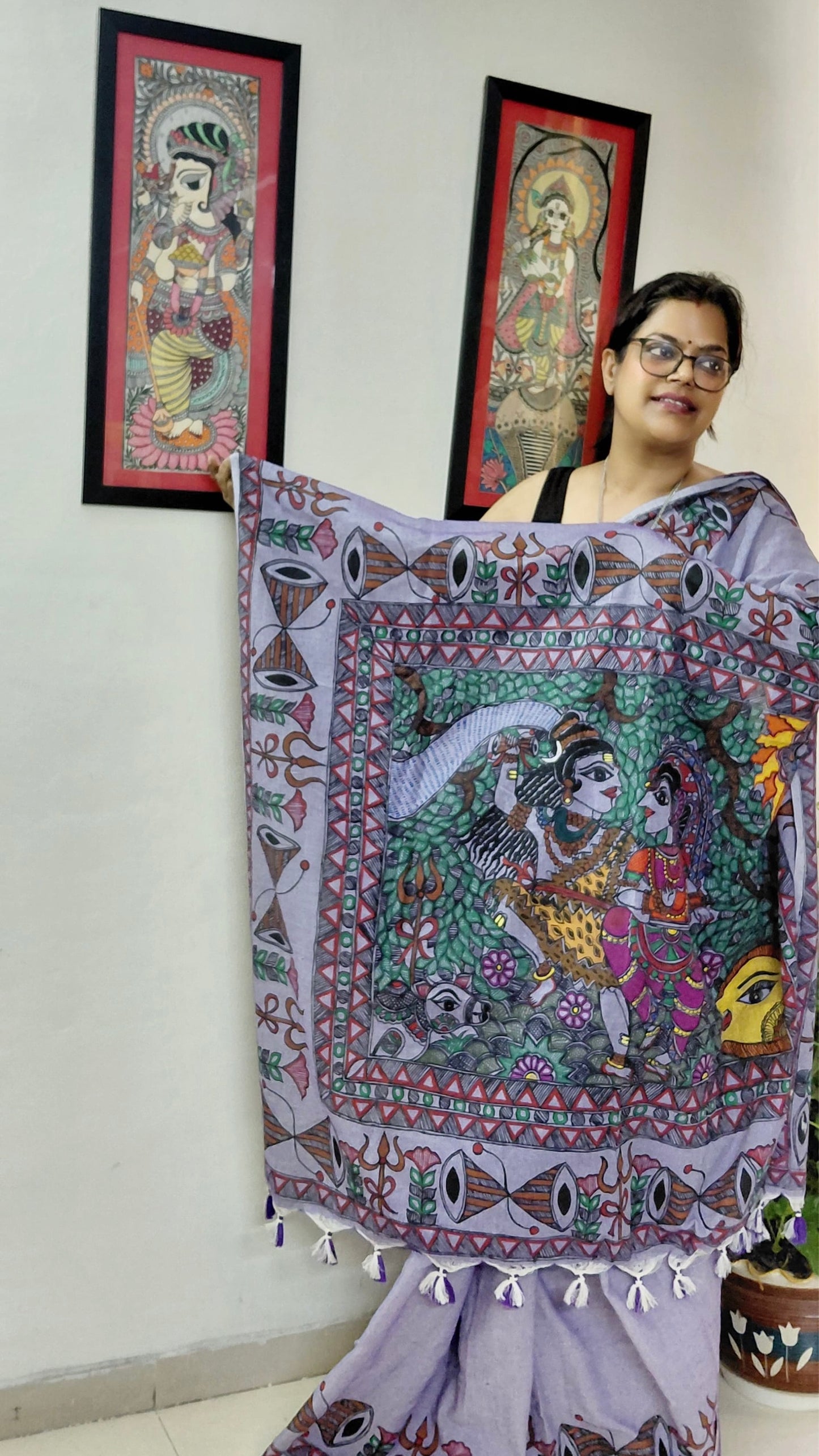 Lavender Mist Khadi Cotton Madhubani Hand-Painted Saree – Shiv Parvati Theme