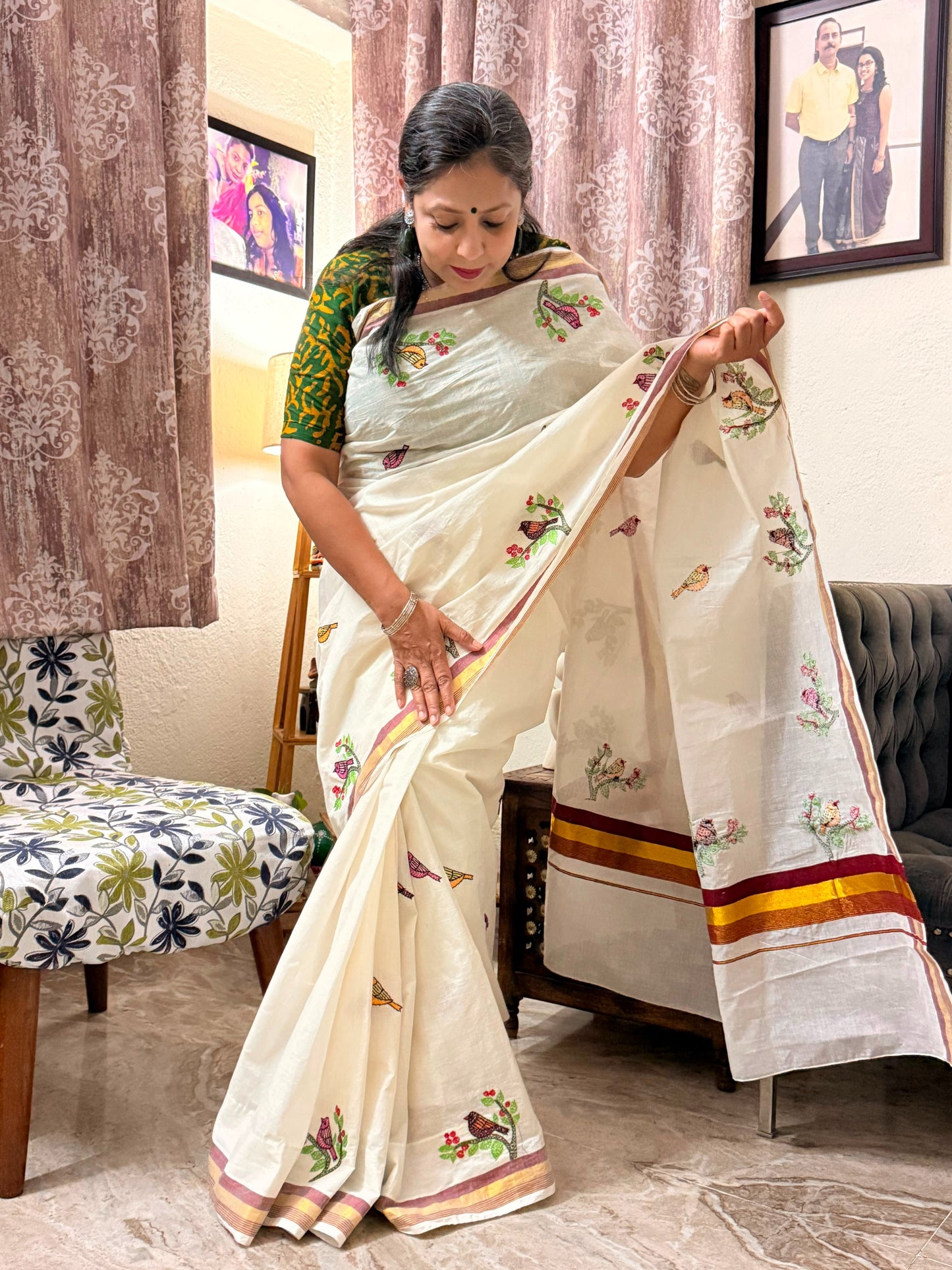 Sujni Art Embroidered Birds Kerala Cotton Saree | Rangika Studio