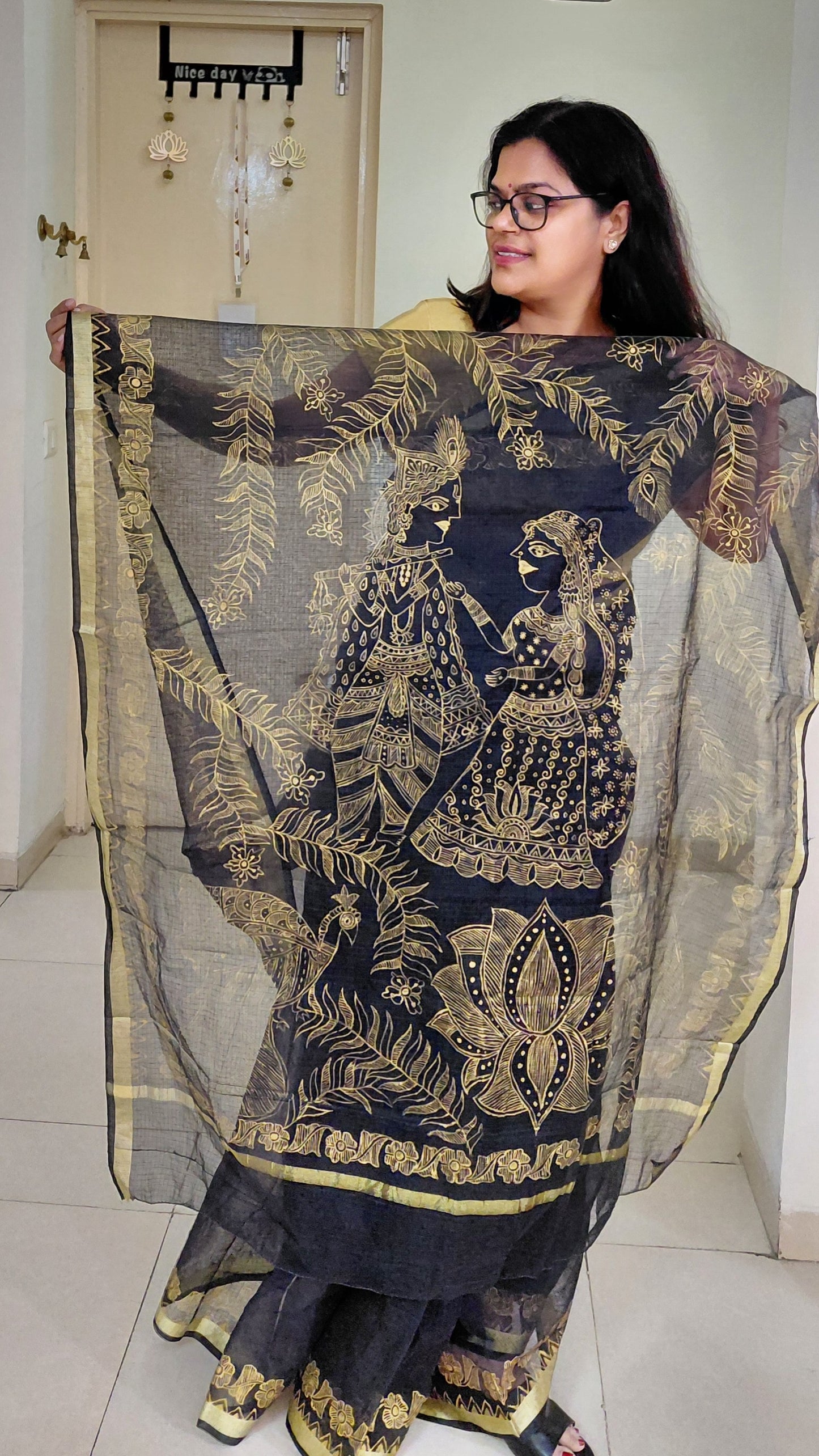 Black Radha Krishna Madhubani Kota Doria Saree