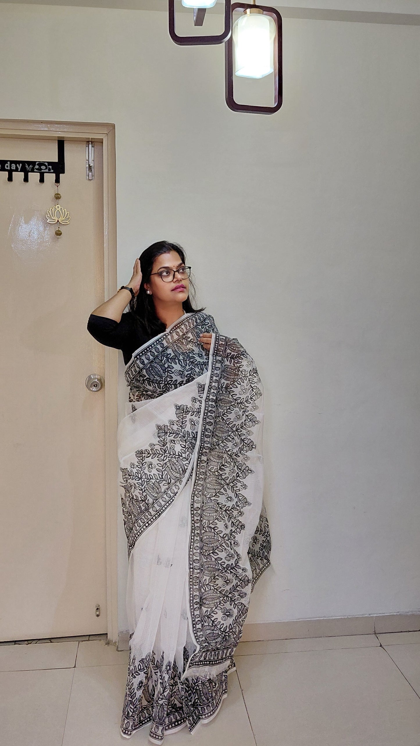 Ivory Monochrome Madhubani Kota Doria Saree