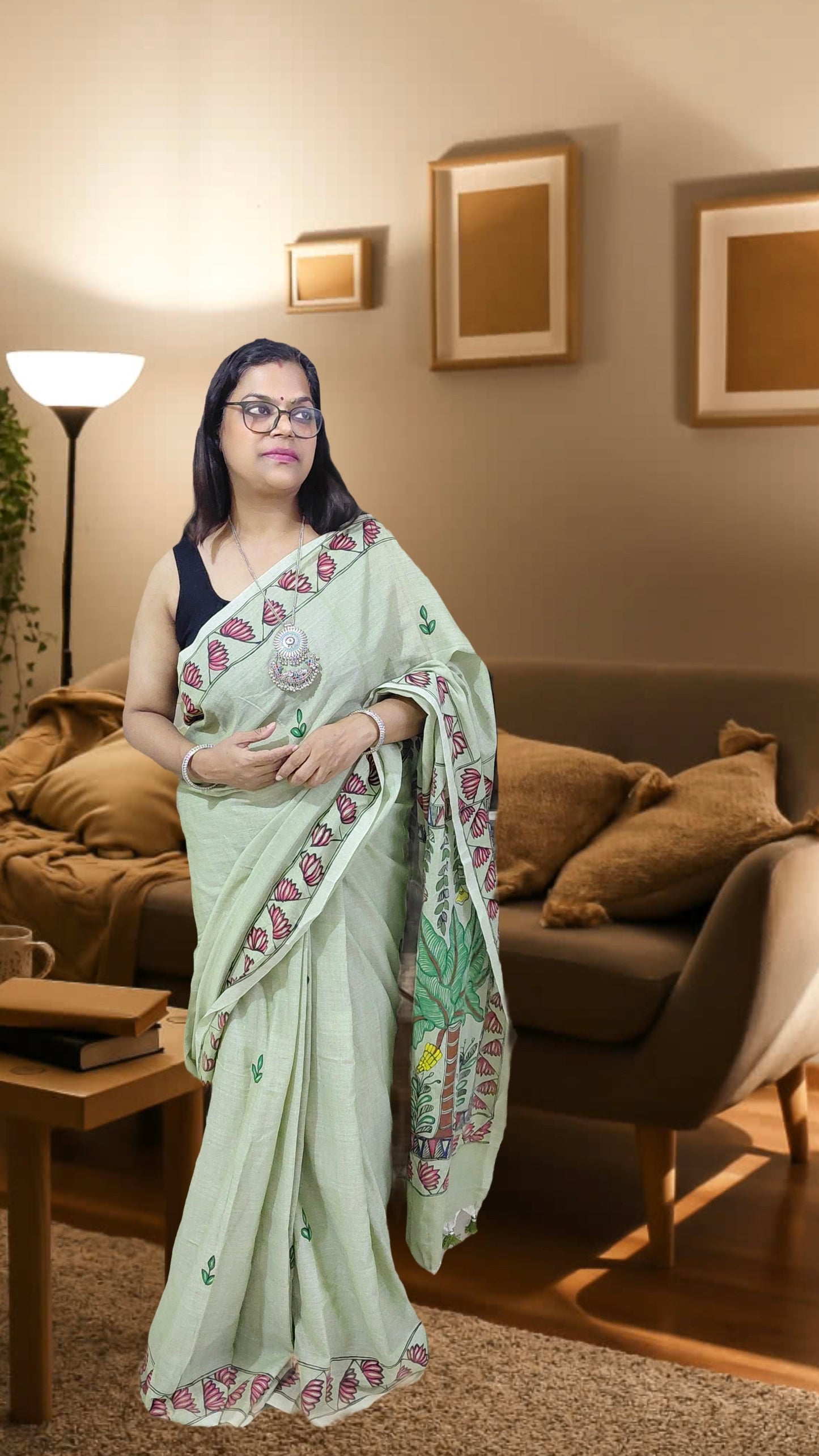 Sage Green Khadi Cotton Madhubani Hand-Painted Saree – Lord Ganesha