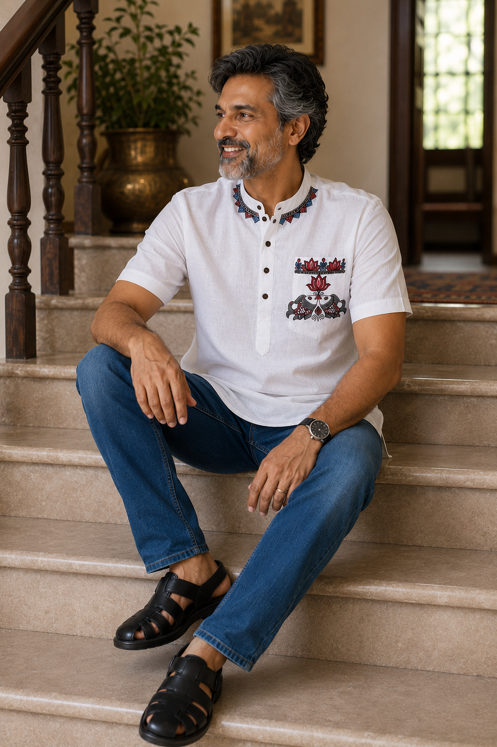 Hand-Painted Madhubani Art Men's Short Kurta • White • Linen-Cotton