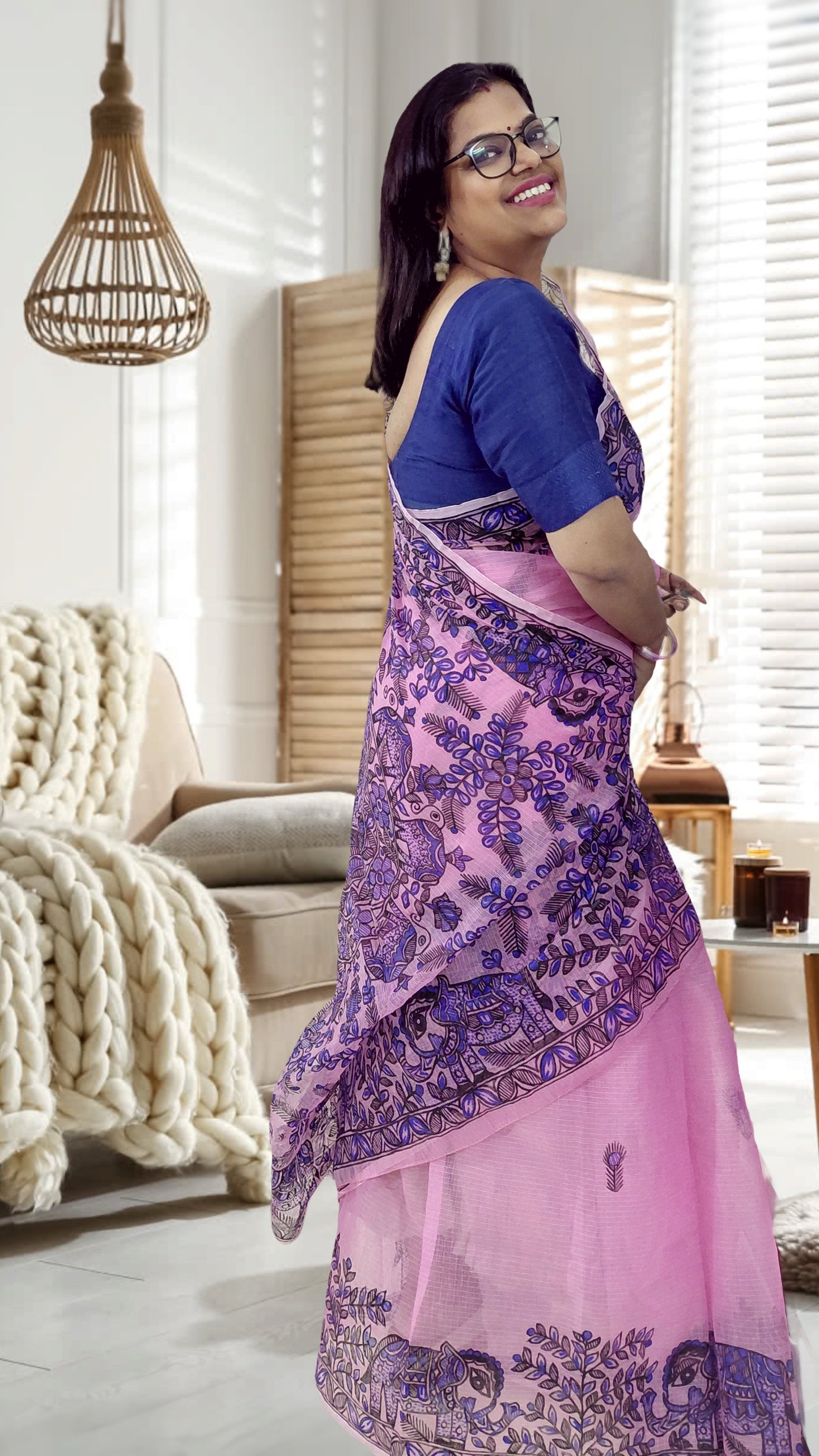 Blush Pink Gajraj Garden Madhubani Kota Doria Saree